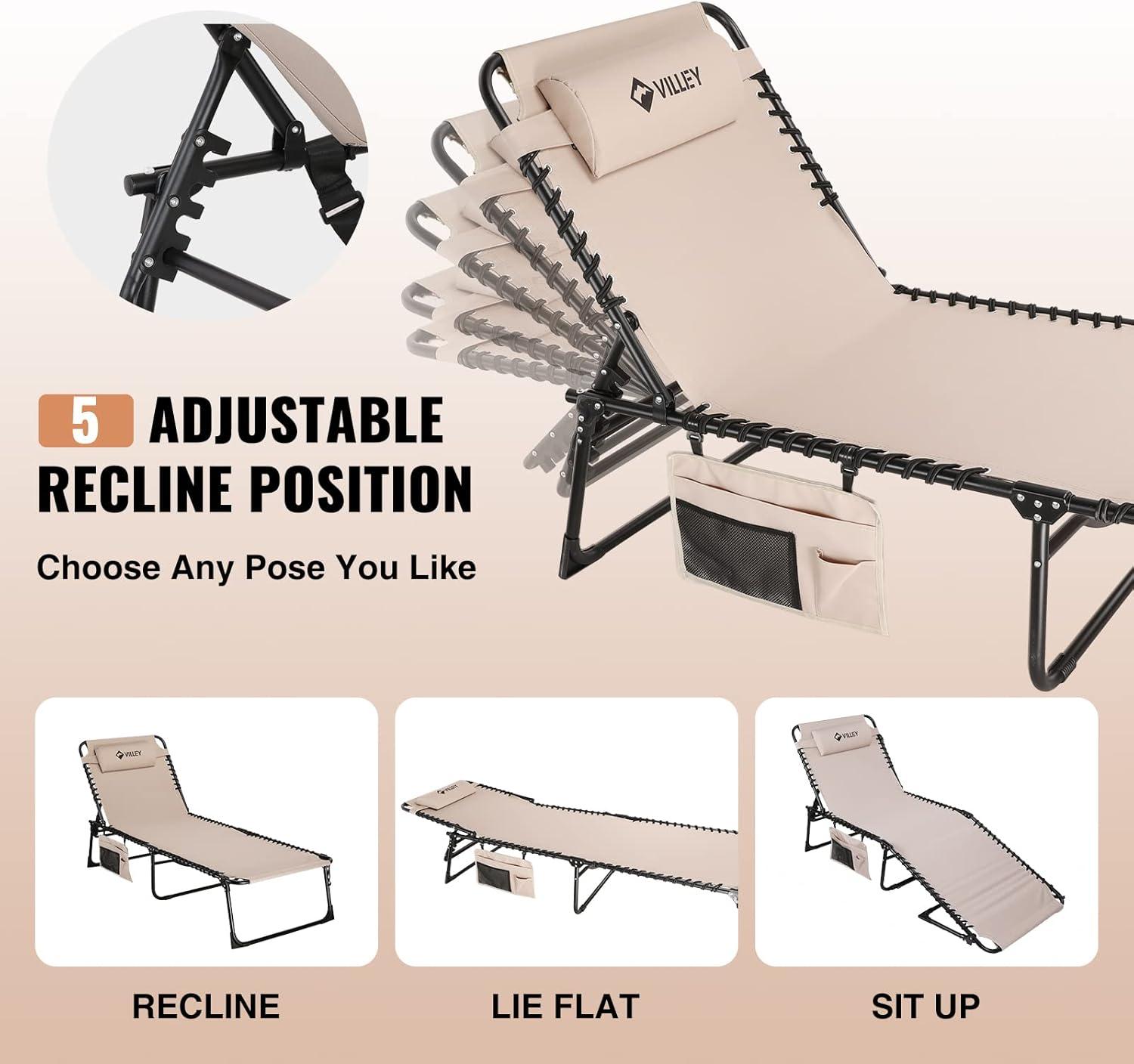 image:imageVILLEY Oversized Chaise Lounge Chair HeavyDuty Folding Outdoor Lounge Chair with 5 Adjustable Positions Portable Trifold Beach Lounger for Patio Beach Lawn Backyard Camping Beige