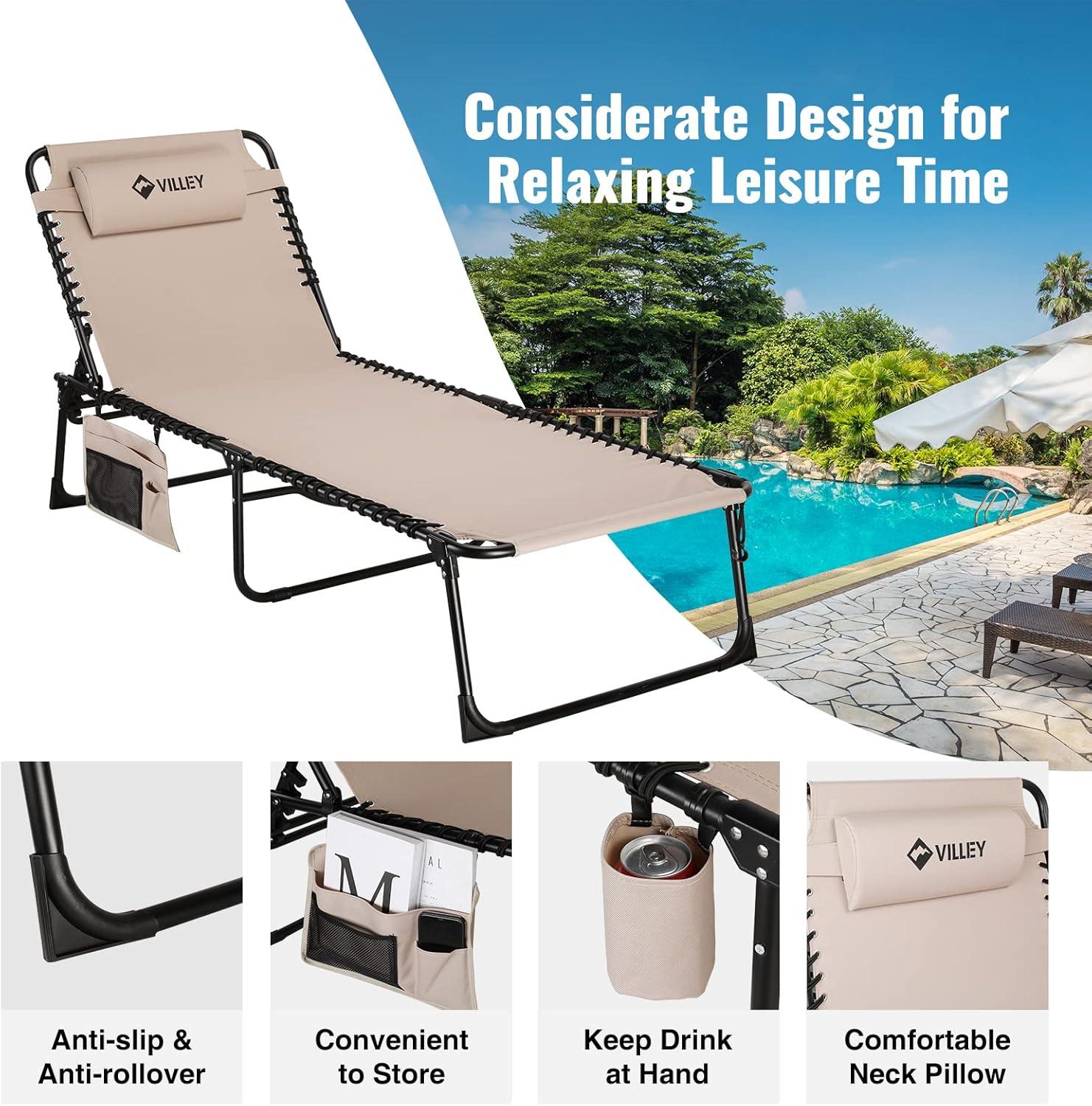 image:imageVILLEY Oversized Chaise Lounge Chair HeavyDuty Folding Outdoor Lounge Chair with 5 Adjustable Positions Portable Trifold Beach Lounger for Patio Beach Lawn Backyard Camping Beige