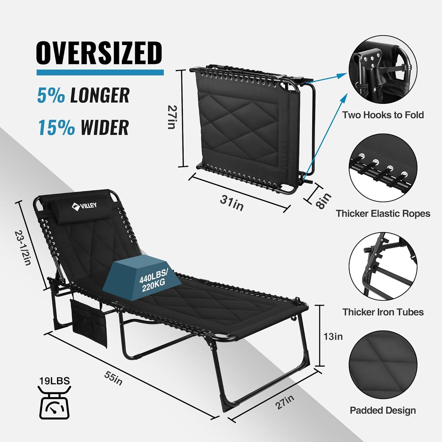 image:imageVILLEY Oversized Padded Chaise Lounge with Cushion Foldable Camping Cot Patio Reclining Lounge Chairs Folding Sleeping Bed for Outdoor Indoor Backyard Garden Camping Relaxing Beach TanningBlack