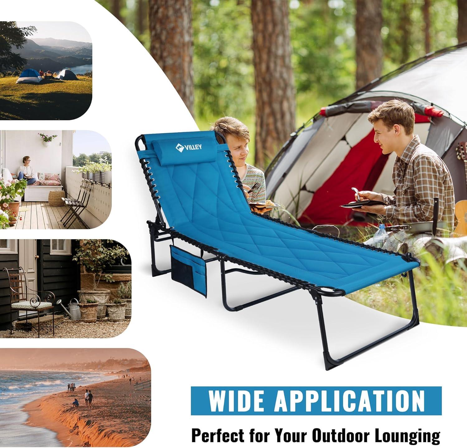 image:imageVILLEY Oversized Padded Chaise Lounge with Cushion Foldable Camping Cot Patio Reclining Lounge Chairs Folding Sleeping Bed for Outdoor Indoor Backyard Garden Camping Relaxing Beach TanningBlue