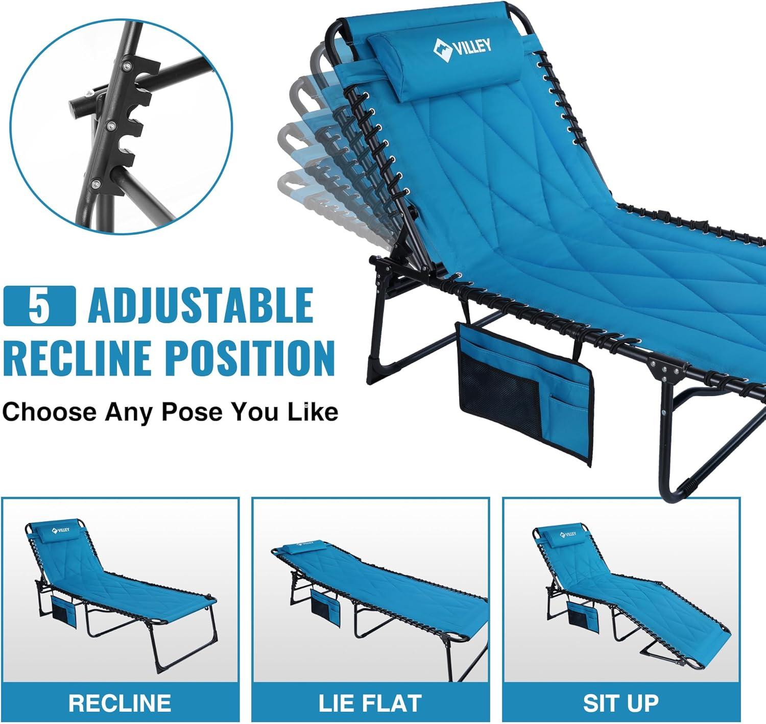 image:imageVILLEY Oversized Padded Chaise Lounge with Cushion Foldable Camping Cot Patio Reclining Lounge Chairs Folding Sleeping Bed for Outdoor Indoor Backyard Garden Camping Relaxing Beach TanningBlue