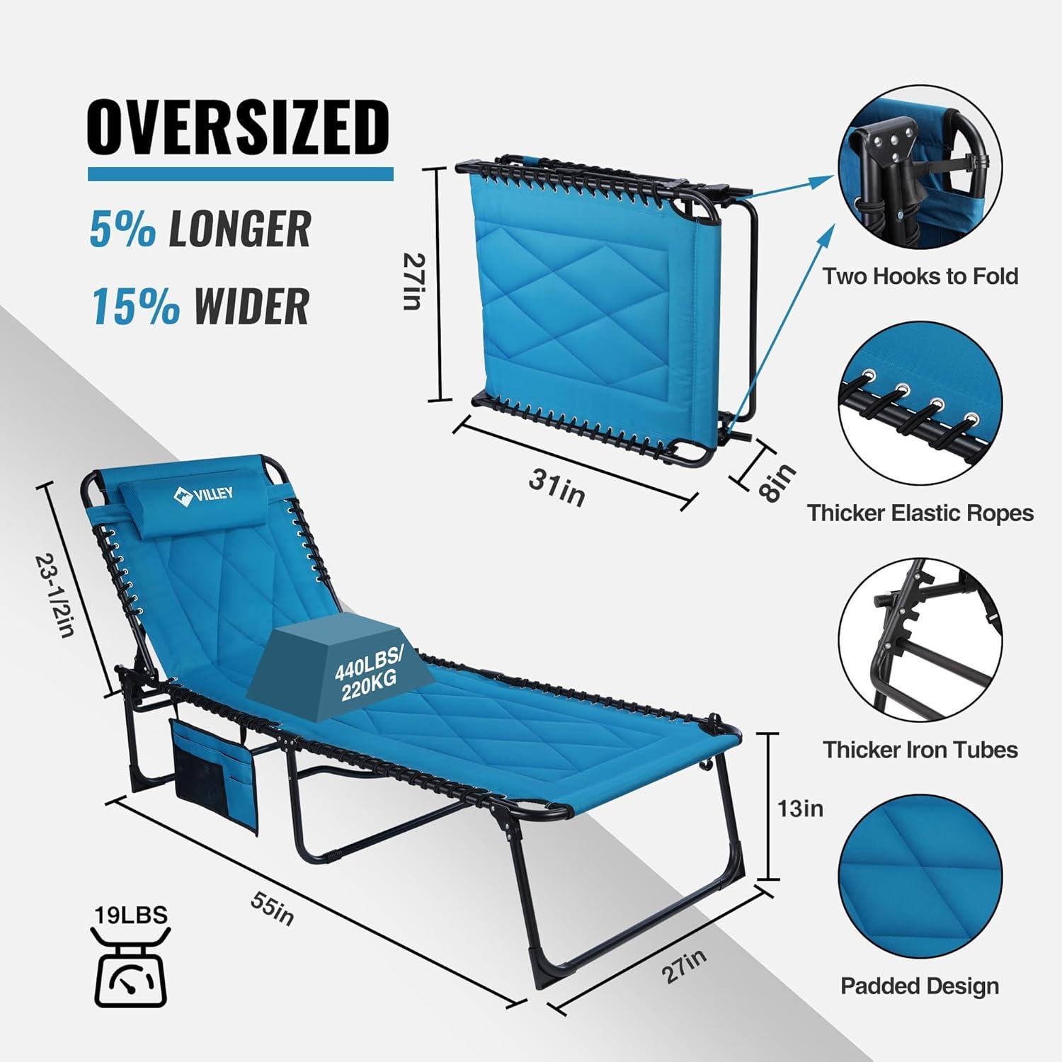 image:imageVILLEY Oversized Padded Chaise Lounge with Cushion Foldable Camping Cot Patio Reclining Lounge Chairs Folding Sleeping Bed for Outdoor Indoor Backyard Garden Camping Relaxing Beach TanningBlue
