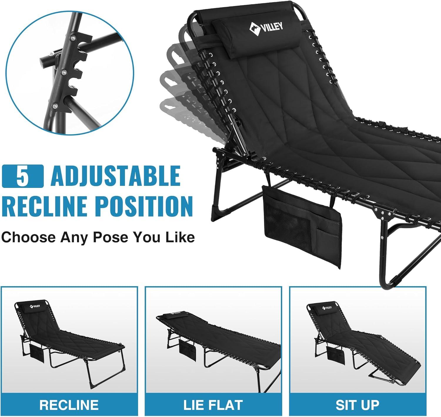 image:imageVILLEY Oversized Padded Chaise Lounge with Cushion Foldable Camping Cot Patio Reclining Lounge Chairs Folding Sleeping Bed for Outdoor Indoor Backyard Garden Camping Relaxing Beach TanningBlack
