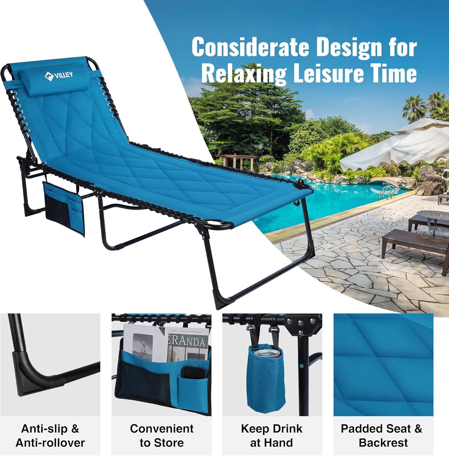 image:imageVILLEY Oversized Padded Chaise Lounge with Cushion Foldable Camping Cot Patio Reclining Lounge Chairs Folding Sleeping Bed for Outdoor Indoor Backyard Garden Camping Relaxing Beach TanningBlue