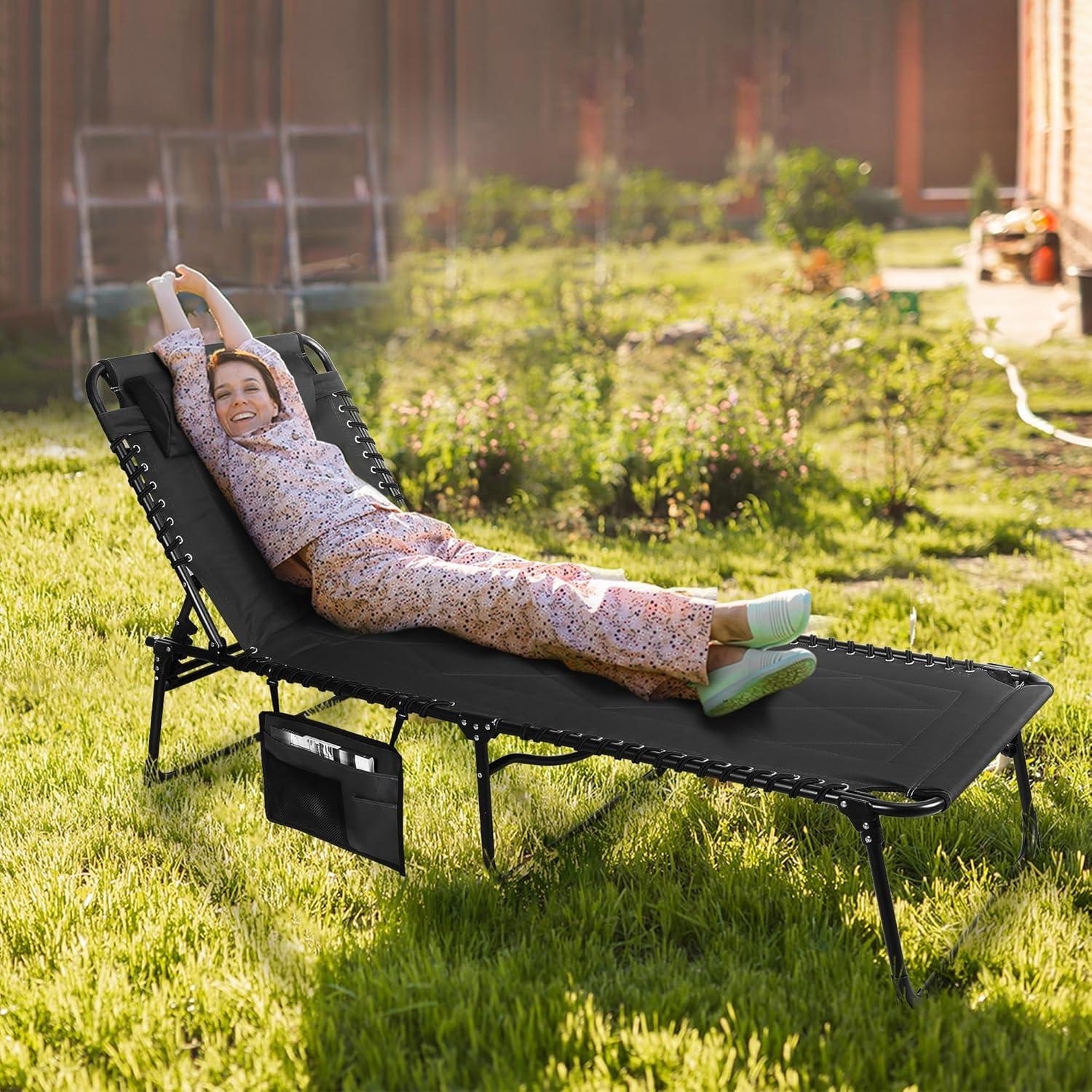 image:imageVILLEY Oversized Padded Chaise Lounge with Cushion Foldable Camping Cot Patio Reclining Lounge Chairs Folding Sleeping Bed for Outdoor Indoor Backyard Garden Camping Relaxing Beach TanningBlack