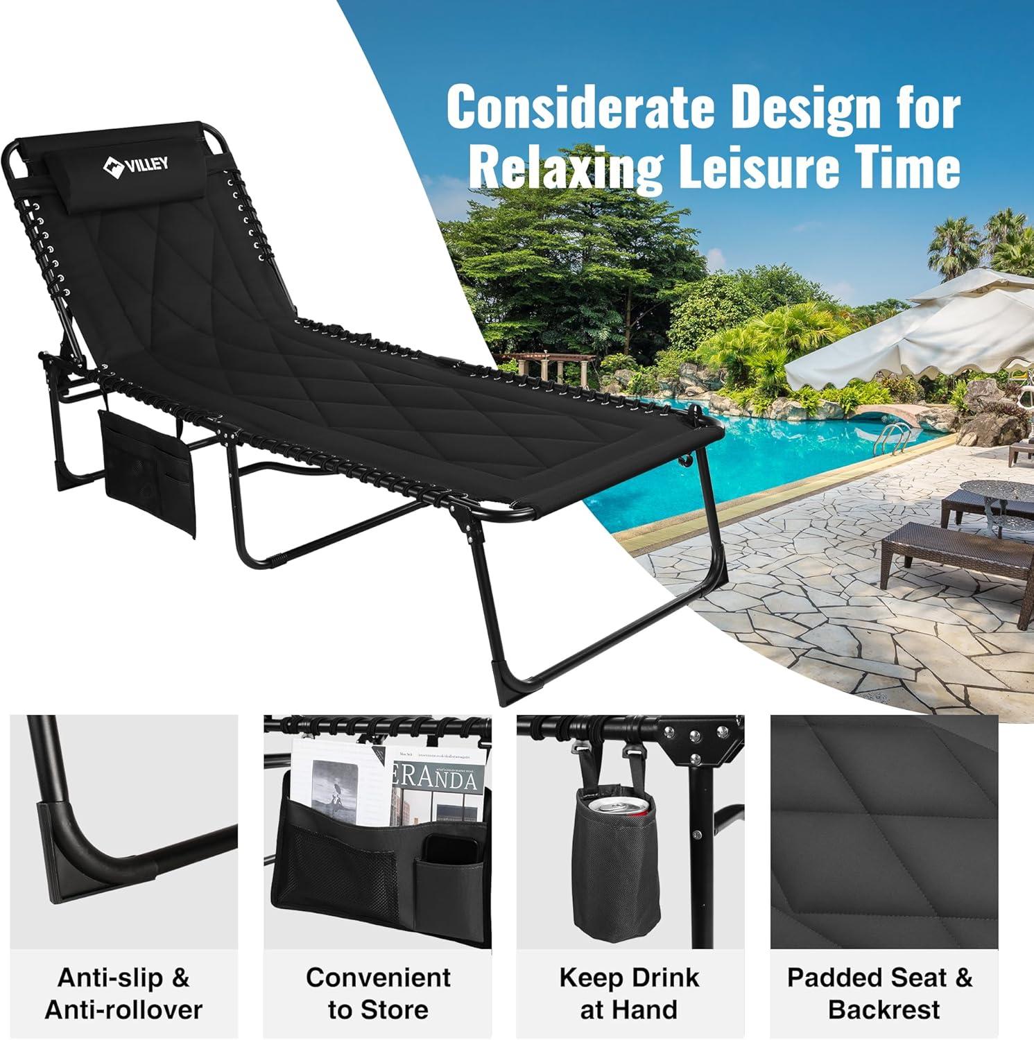 image:imageVILLEY Oversized Padded Chaise Lounge with Cushion Foldable Camping Cot Patio Reclining Lounge Chairs Folding Sleeping Bed for Outdoor Indoor Backyard Garden Camping Relaxing Beach TanningBlack
