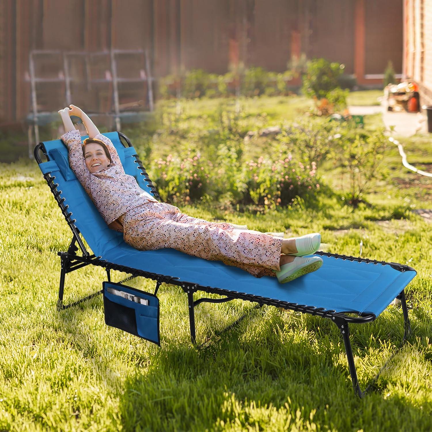 image:imageVILLEY Oversized Padded Chaise Lounge with Cushion Foldable Camping Cot Patio Reclining Lounge Chairs Folding Sleeping Bed for Outdoor Indoor Backyard Garden Camping Relaxing Beach TanningBlue