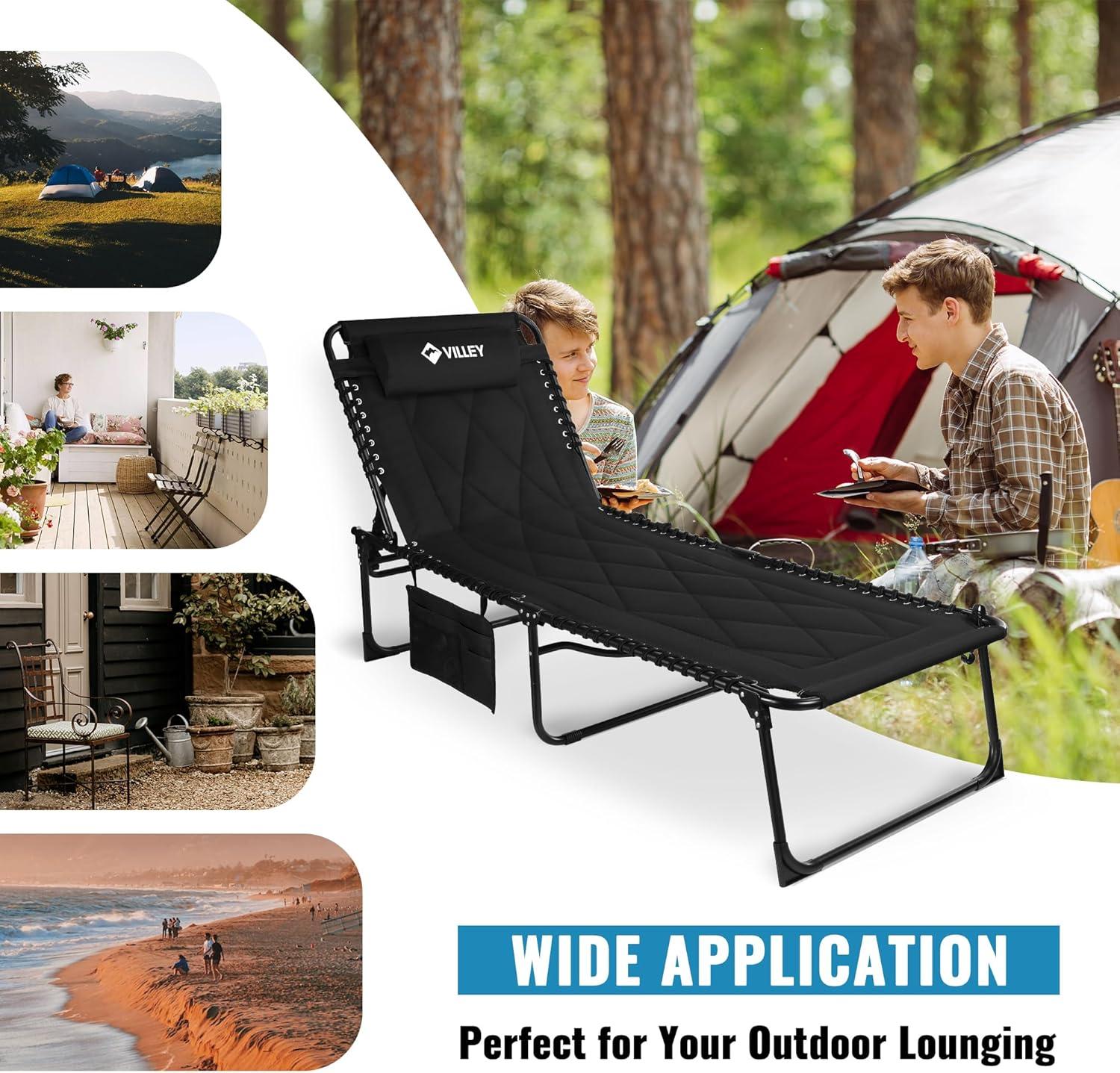 image:imageVILLEY Oversized Padded Chaise Lounge with Cushion Foldable Camping Cot Patio Reclining Lounge Chairs Folding Sleeping Bed for Outdoor Indoor Backyard Garden Camping Relaxing Beach TanningBlack