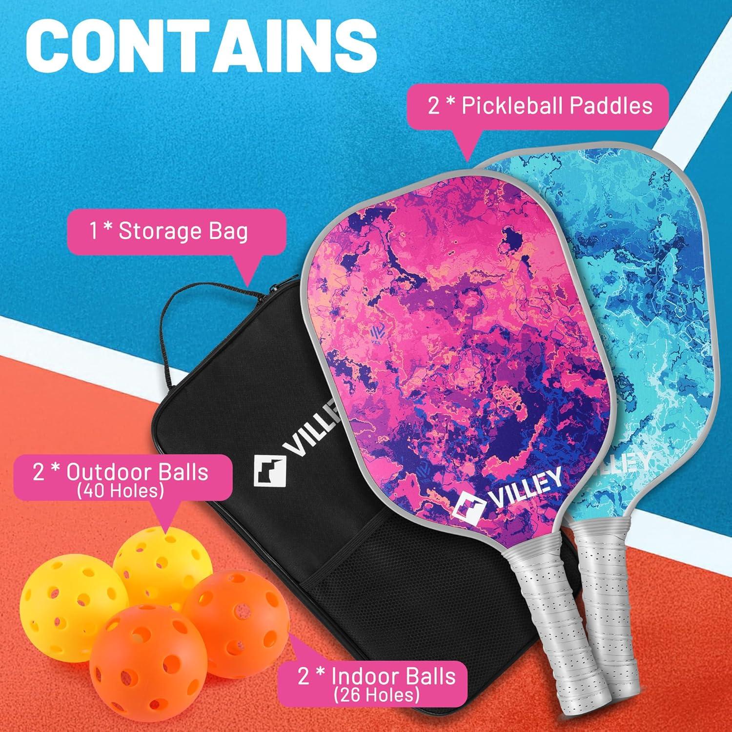 image:imageVILLEY Pickleball Paddles Set of 2 Fiberglass Surface Pickleball Set with 4 Pickleball Balls and Pickleball Bag for Men Women Kids Adults