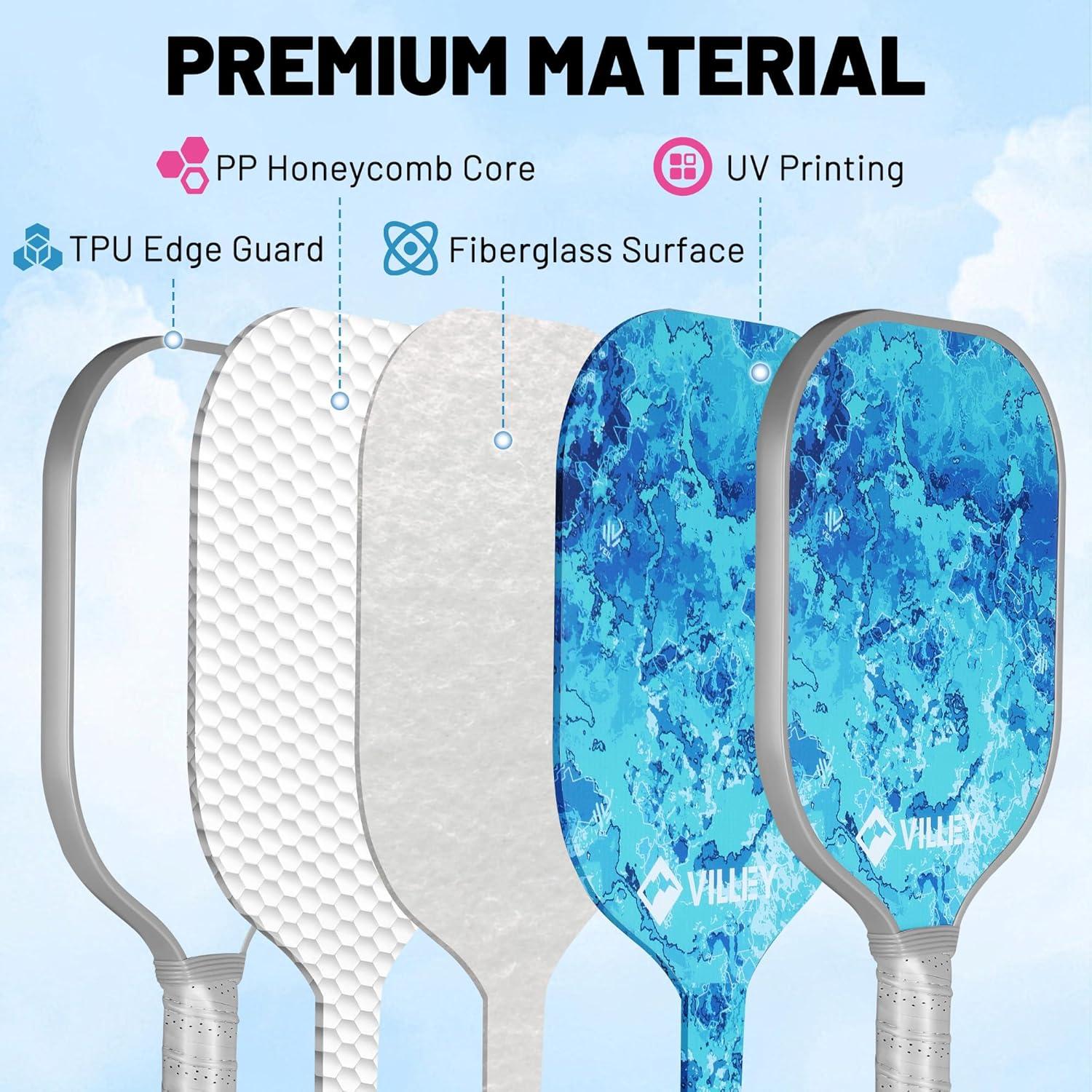 image:imageVILLEY Pickleball Paddles Set of 2 Fiberglass Surface Pickleball Set with 4 Pickleball Balls and Pickleball Bag for Men Women Kids Adults