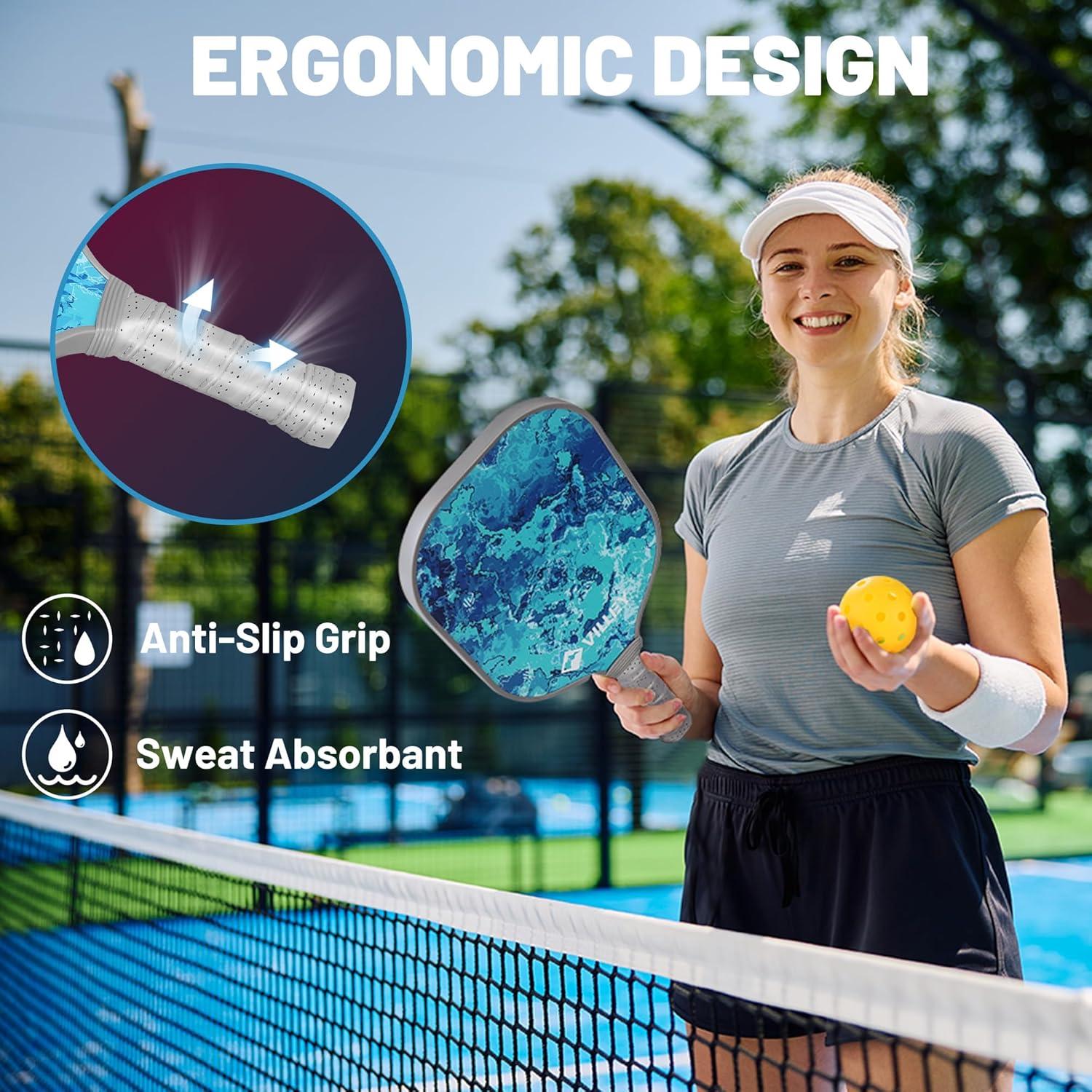 image:imageVILLEY Pickleball Paddles Set of 2 Fiberglass Surface Pickleball Set with 4 Pickleball Balls and Pickleball Bag for Men Women Kids Adults