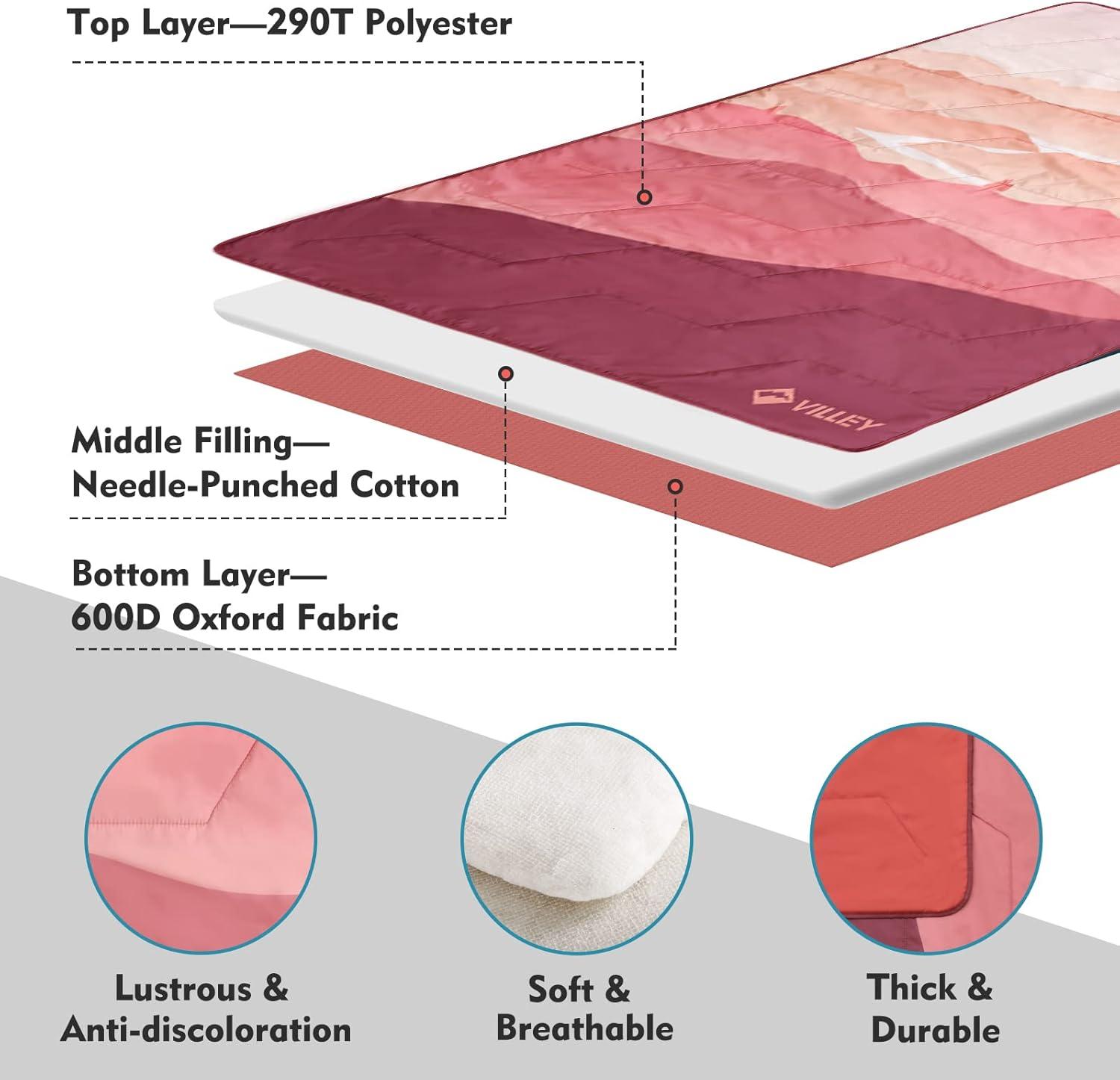 image:imageVILLEY Picnic Blanket 3Layer Camping Blanket 52x75 Machine Washable Water Repellent and Sandproof Packable and Portable for Camping Travel Park Beach and Indoor UseBrown