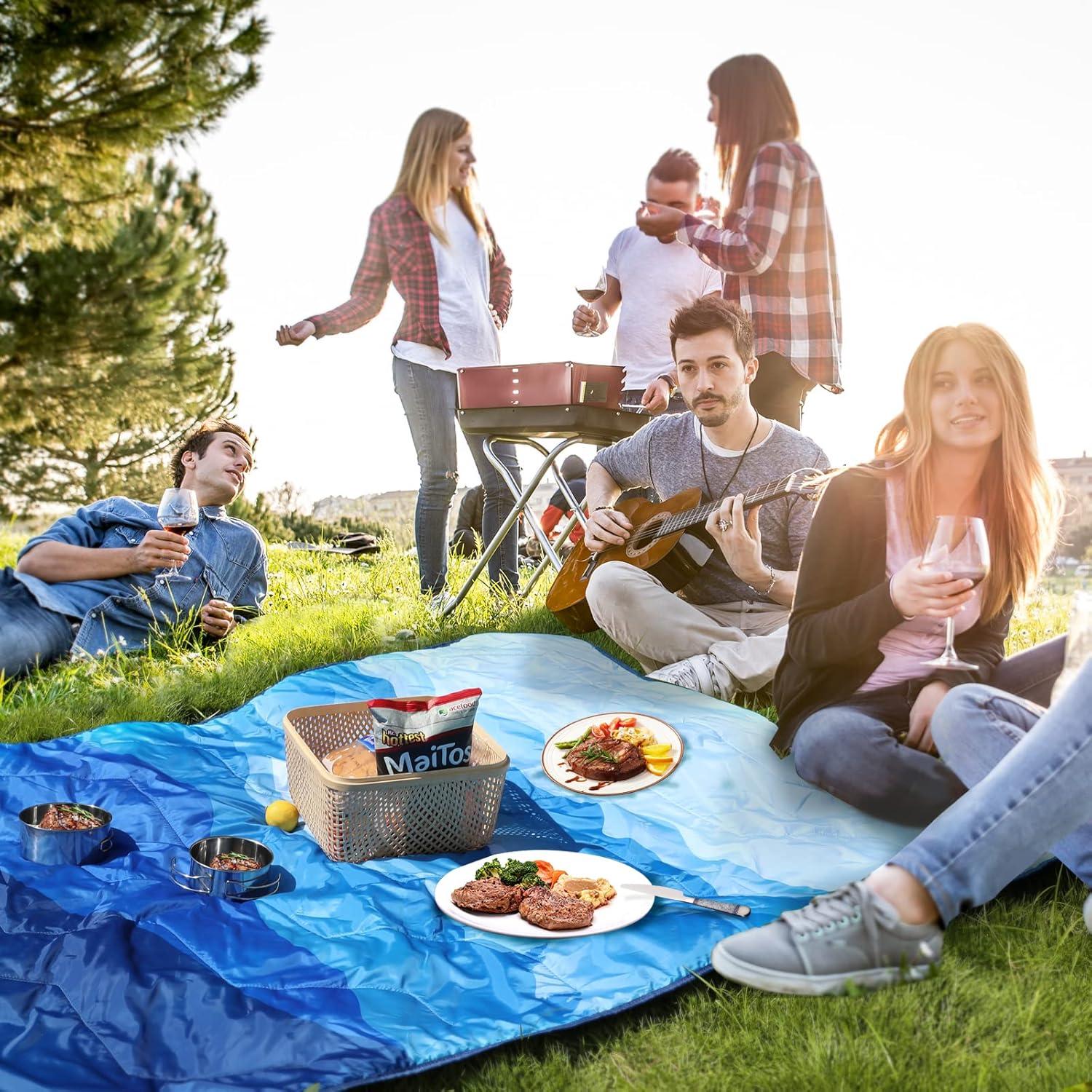image:imageVILLEY Picnic Blanket 3Layer Camping Blanket 52x75 Machine Washable Water Repellent and Sandproof Packable and Portable for Camping Travel Park Beach and Indoor UseBlue