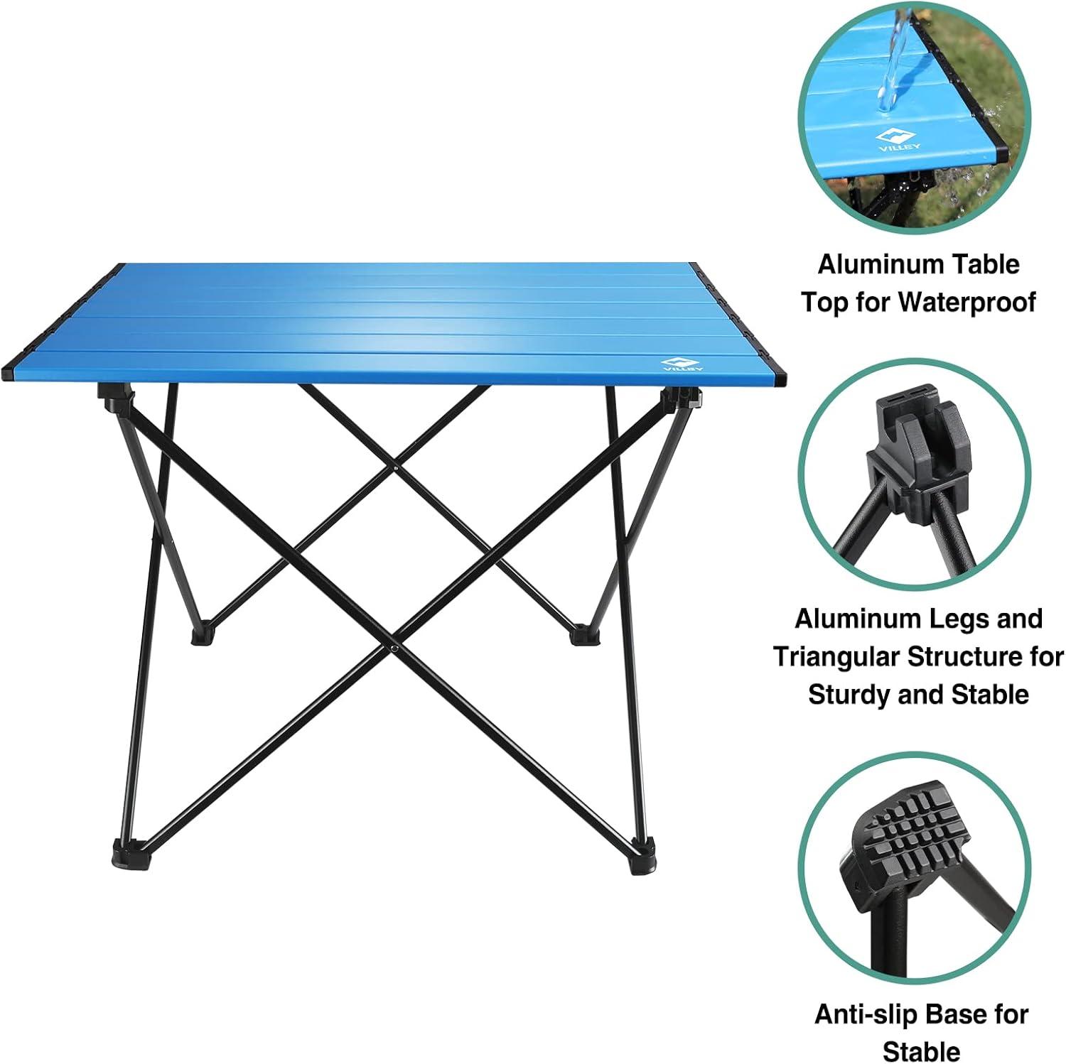 image:imageVILLEY Portable Camping Side Table Ultralight Aluminum Folding Beach Table with Carry Bag for Outdoor Cooking Picnic Camp Boat TravelBlue