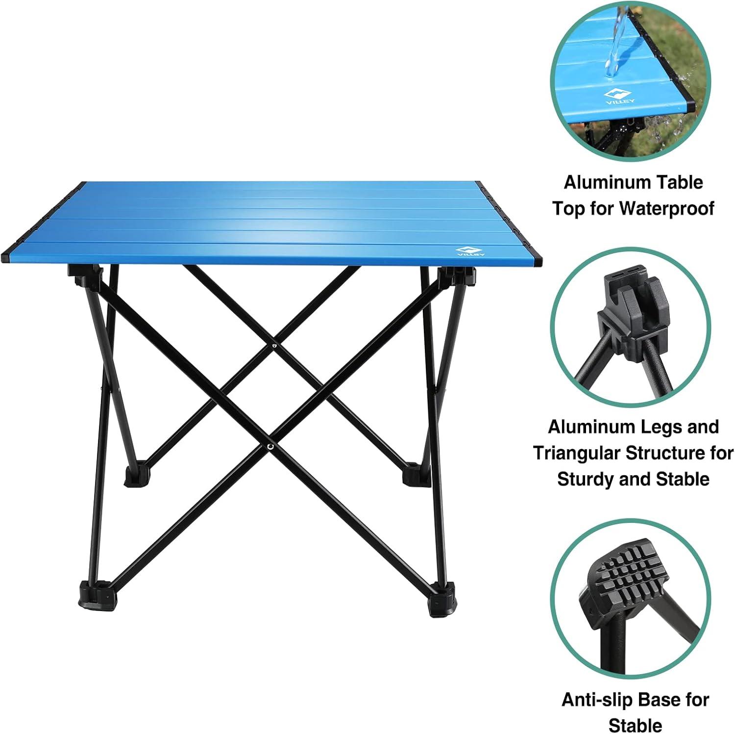 image:imageVILLEY Portable Camping Side Table Ultralight Aluminum Folding Beach Table with Carry Bag for Outdoor Cooking Picnic Camp Boat TravelBlue