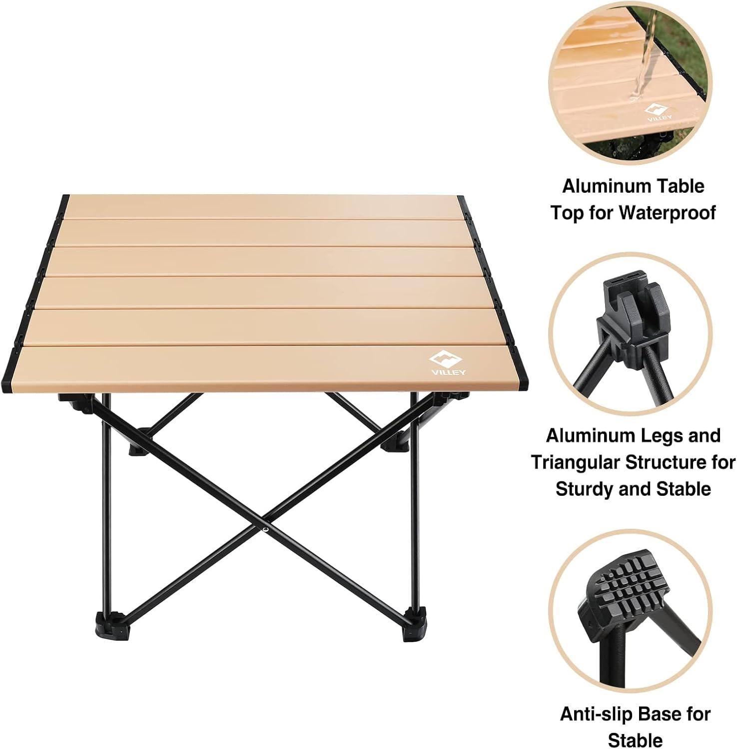 image:imageVILLEY Portable Camping Side Table Ultralight Aluminum Folding Beach Table with Carry Bag for Outdoor Cooking Picnic Camp Boat TravelGold