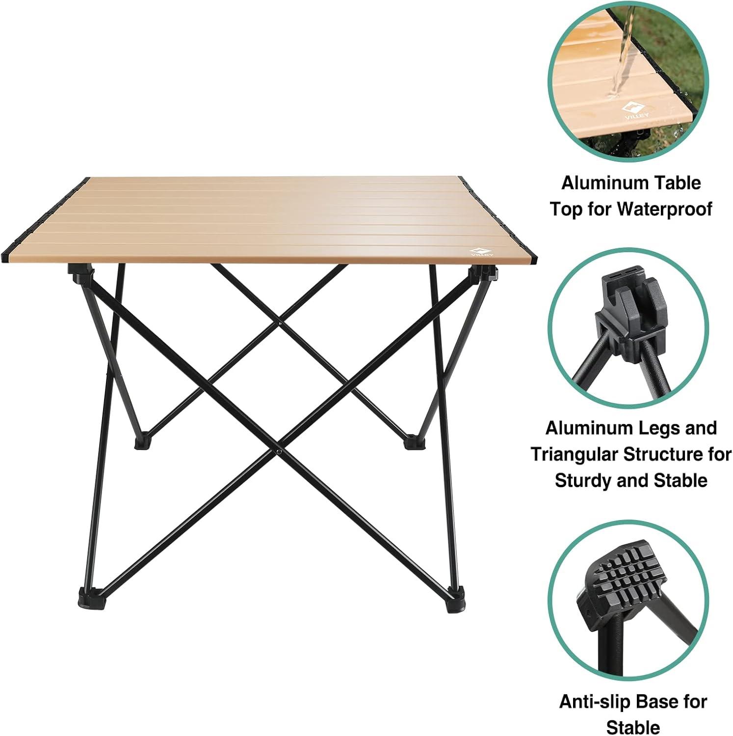 image:imageVILLEY Portable Camping Side Table Ultralight Aluminum Folding Beach Table with Carry Bag for Outdoor Cooking Picnic Camp Boat TravelGold