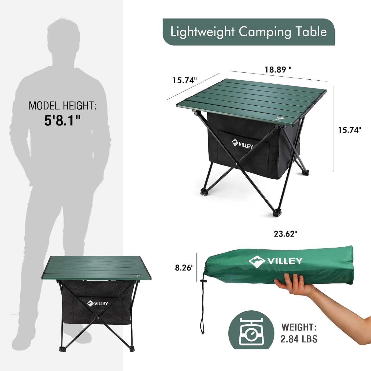 image:imageVILLEY Portable Camping Side Table Ultralight Aluminum Folding Beach Table with Carry Bag for Outdoor Cooking Picnic Camp Boat TravelGreen