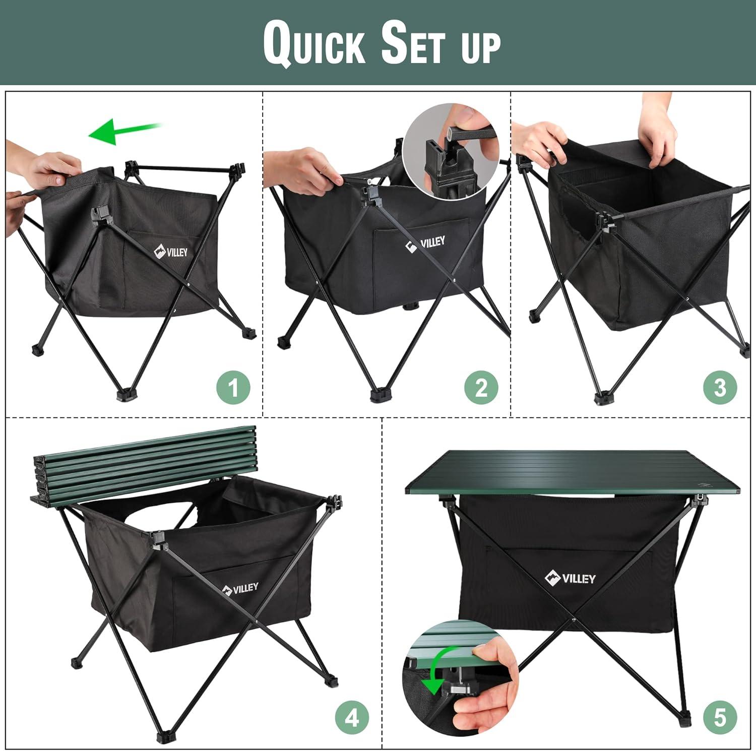 image:imageVILLEY Portable Camping Side Table Ultralight Aluminum Folding Beach Table with Carry Bag for Outdoor Cooking Picnic Camp Boat TravelGreen
