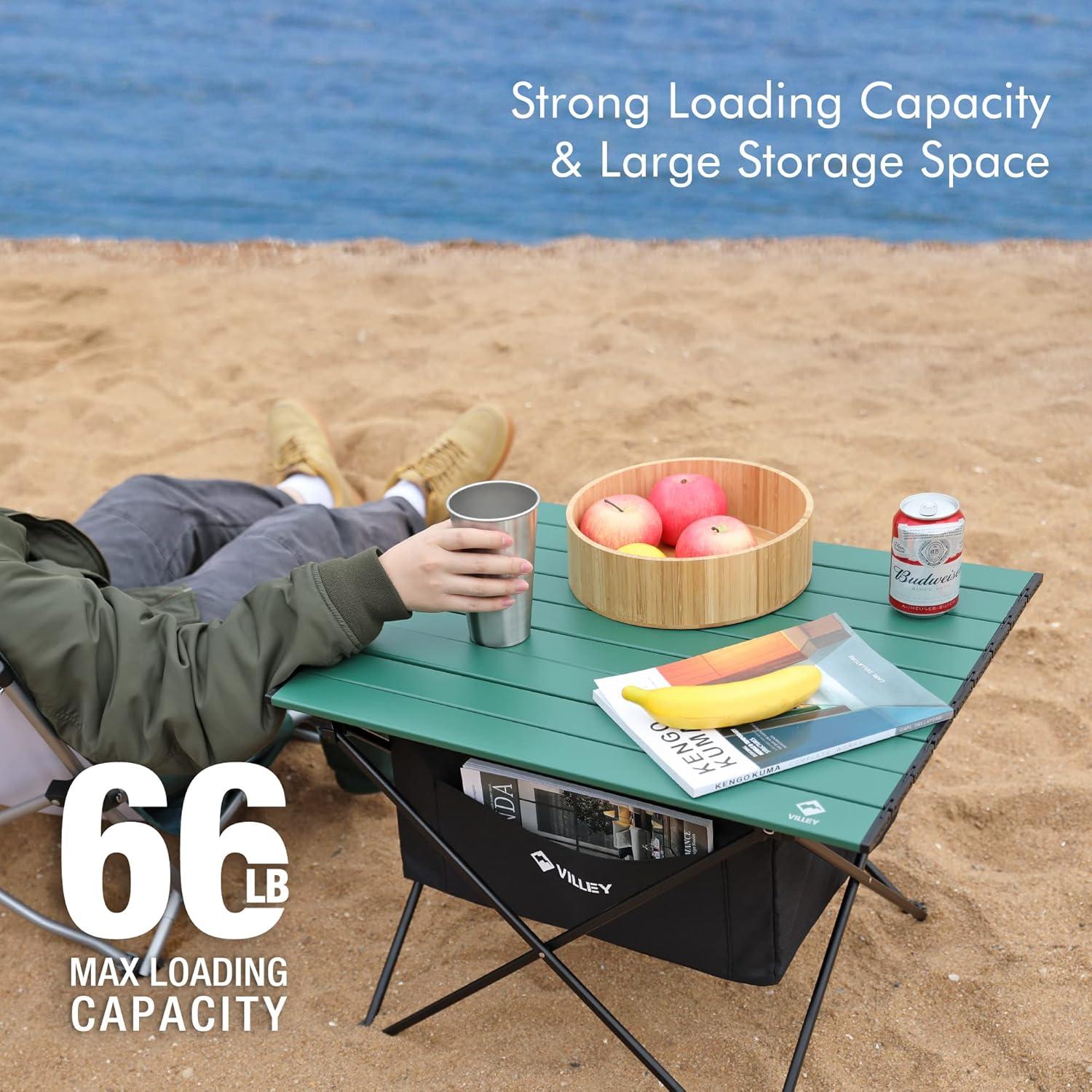 image:imageVILLEY Portable Camping Side Table Ultralight Aluminum Folding Beach Table with Carry Bag for Outdoor Cooking Picnic Camp Boat TravelGreen