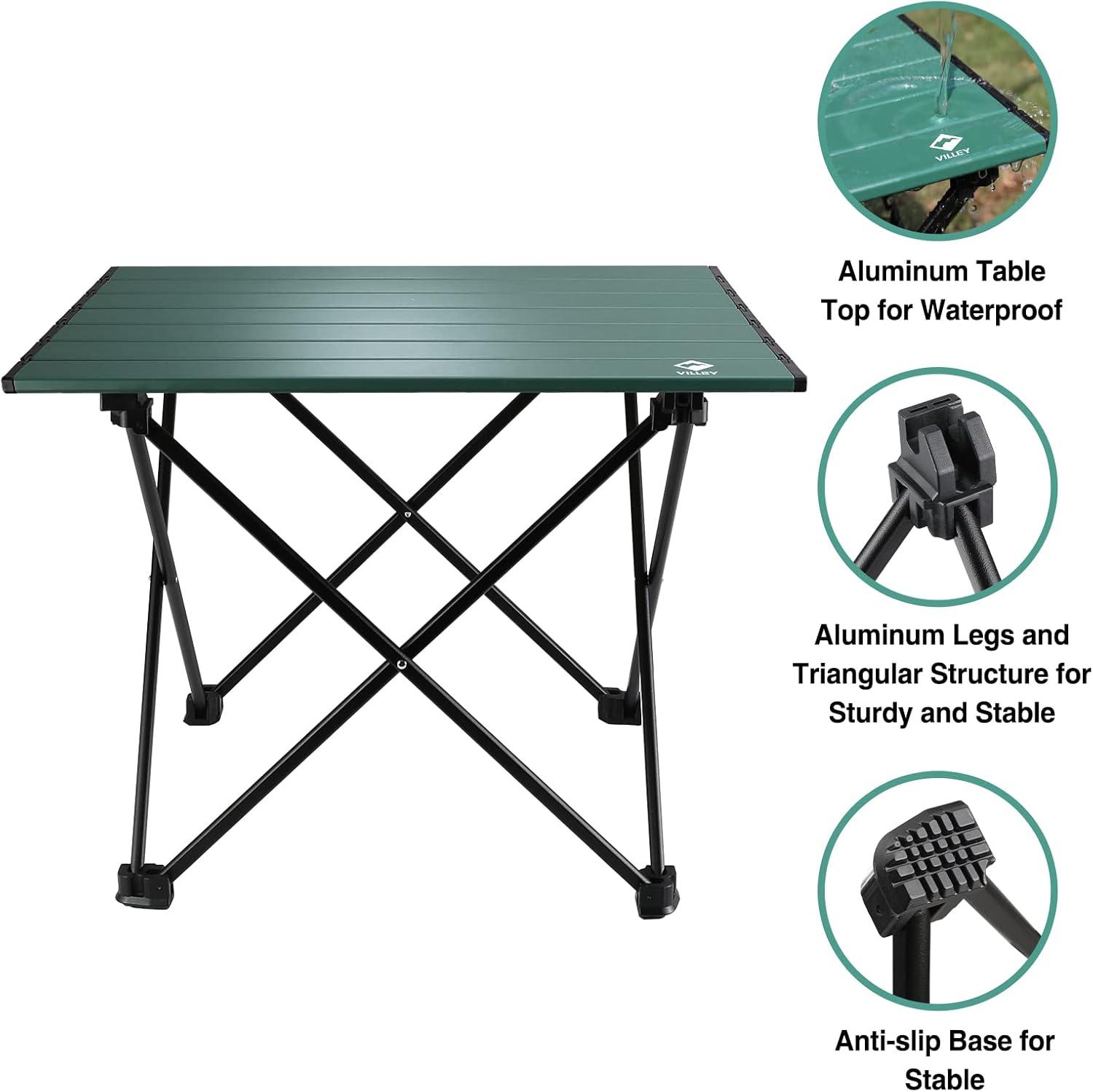 image:imageVILLEY Portable Camping Side Table Ultralight Aluminum Folding Beach Table with Carry Bag for Outdoor Cooking Picnic Camp Boat TravelGreen