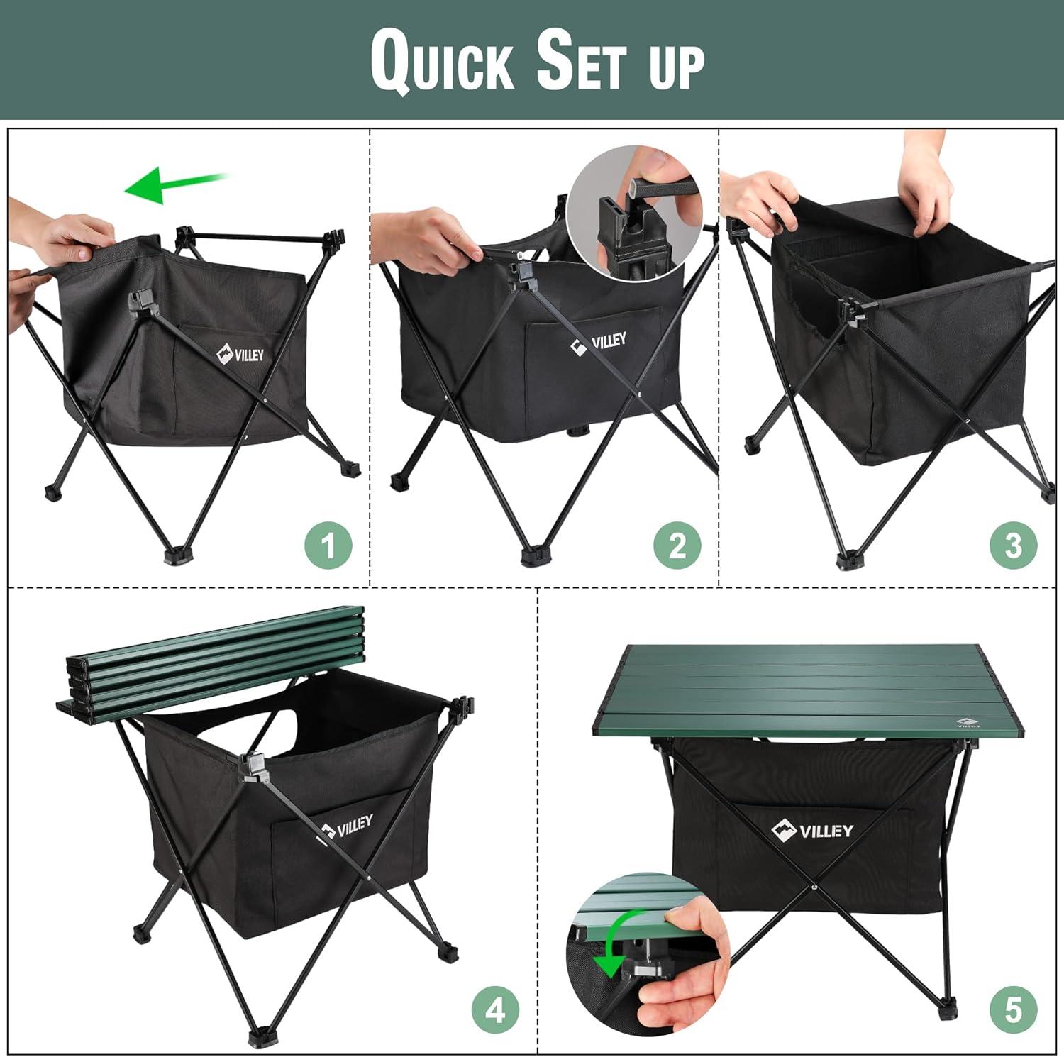 image:imageVILLEY Portable Camping Side Table Ultralight Aluminum Folding Beach Table with Carry Bag for Outdoor Cooking Picnic Camp Boat TravelGreen