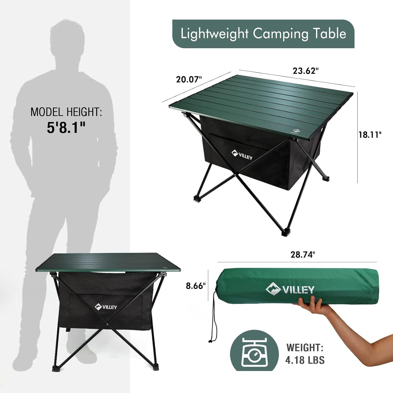 image:imageVILLEY Portable Camping Side Table Ultralight Aluminum Folding Beach Table with Carry Bag for Outdoor Cooking Picnic Camp Boat TravelGreen