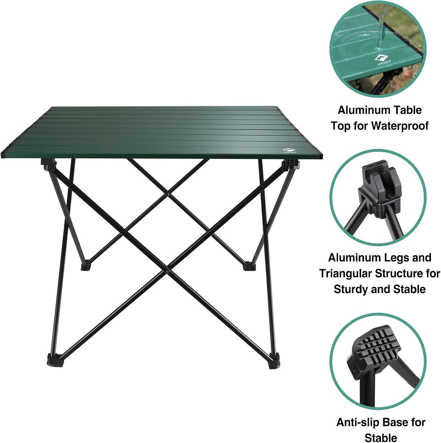 image:imageVILLEY Portable Camping Side Table Ultralight Aluminum Folding Beach Table with Carry Bag for Outdoor Cooking Picnic Camp Boat TravelGreen