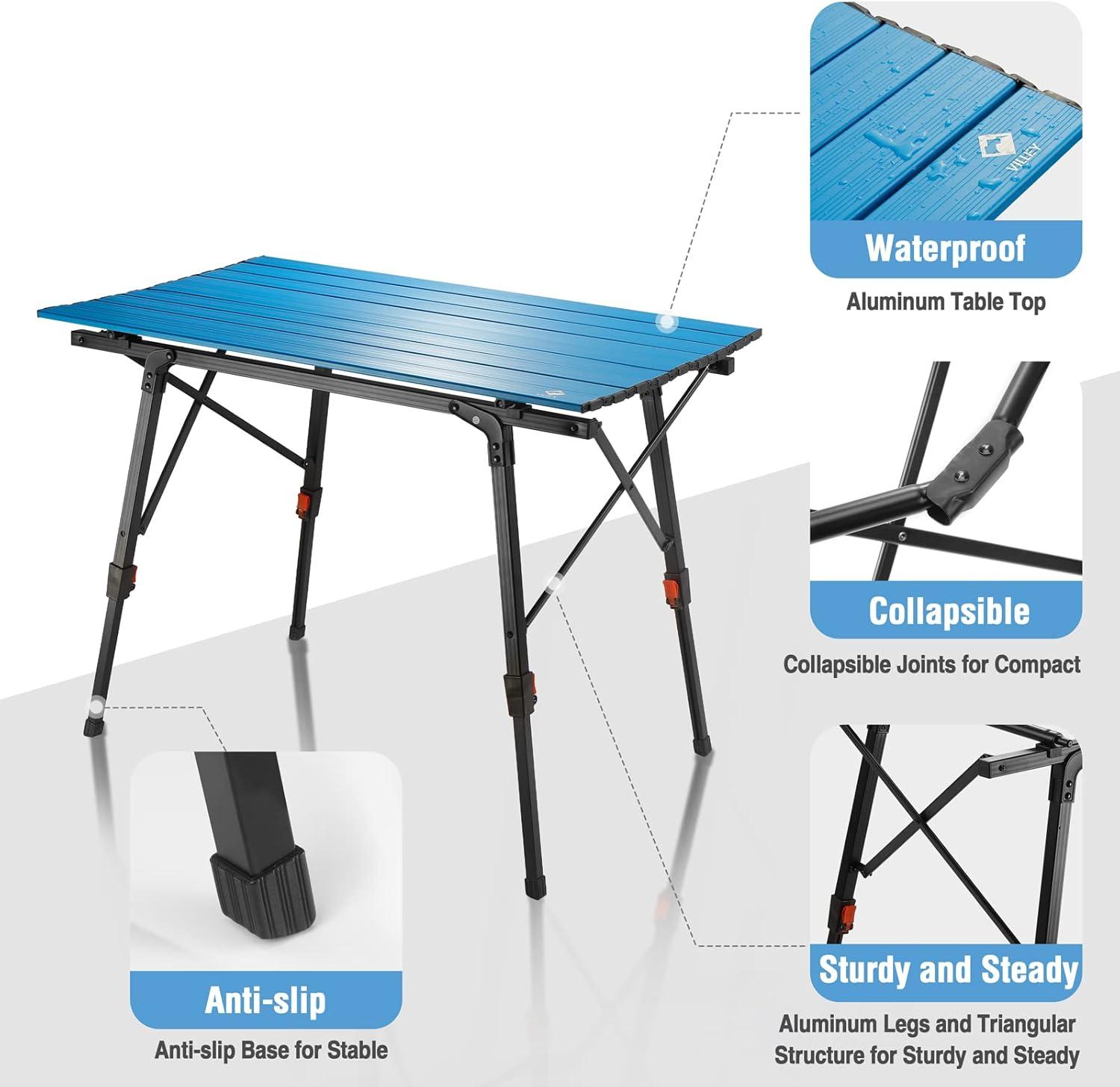 image:imageVILLEY Portable Camping Table with Adjustable Legs Lightweight Aluminum Folding Beach Table with Carrying Bag for Outdoor Cooking Picnic Beach Backyards BBQ and Party GoldBlue
