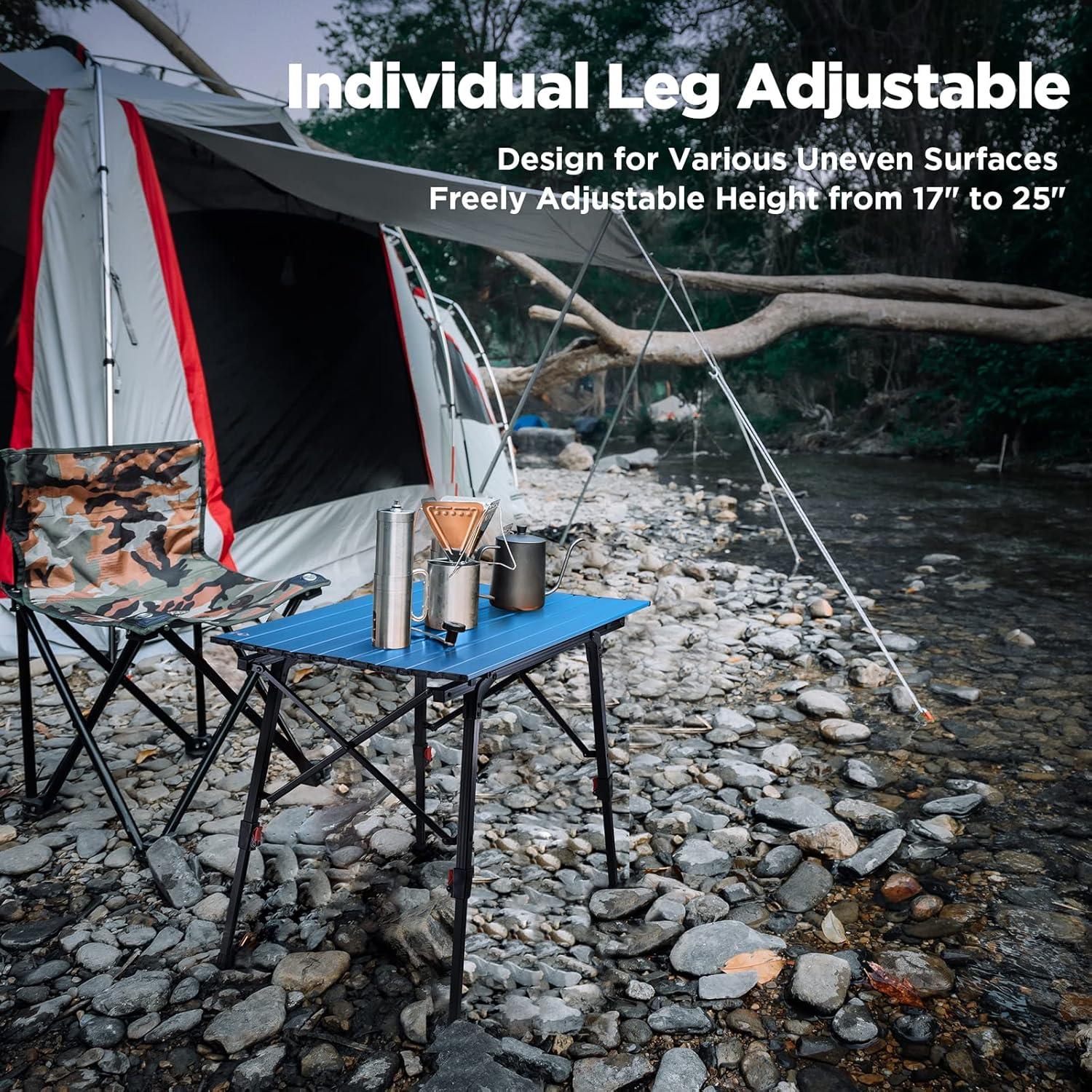 image:imageVILLEY Portable Camping Table with Adjustable Legs Lightweight Aluminum Folding Beach Table with Carrying Bag for Outdoor Cooking Picnic Beach Backyards BBQ and Party GoldBlue