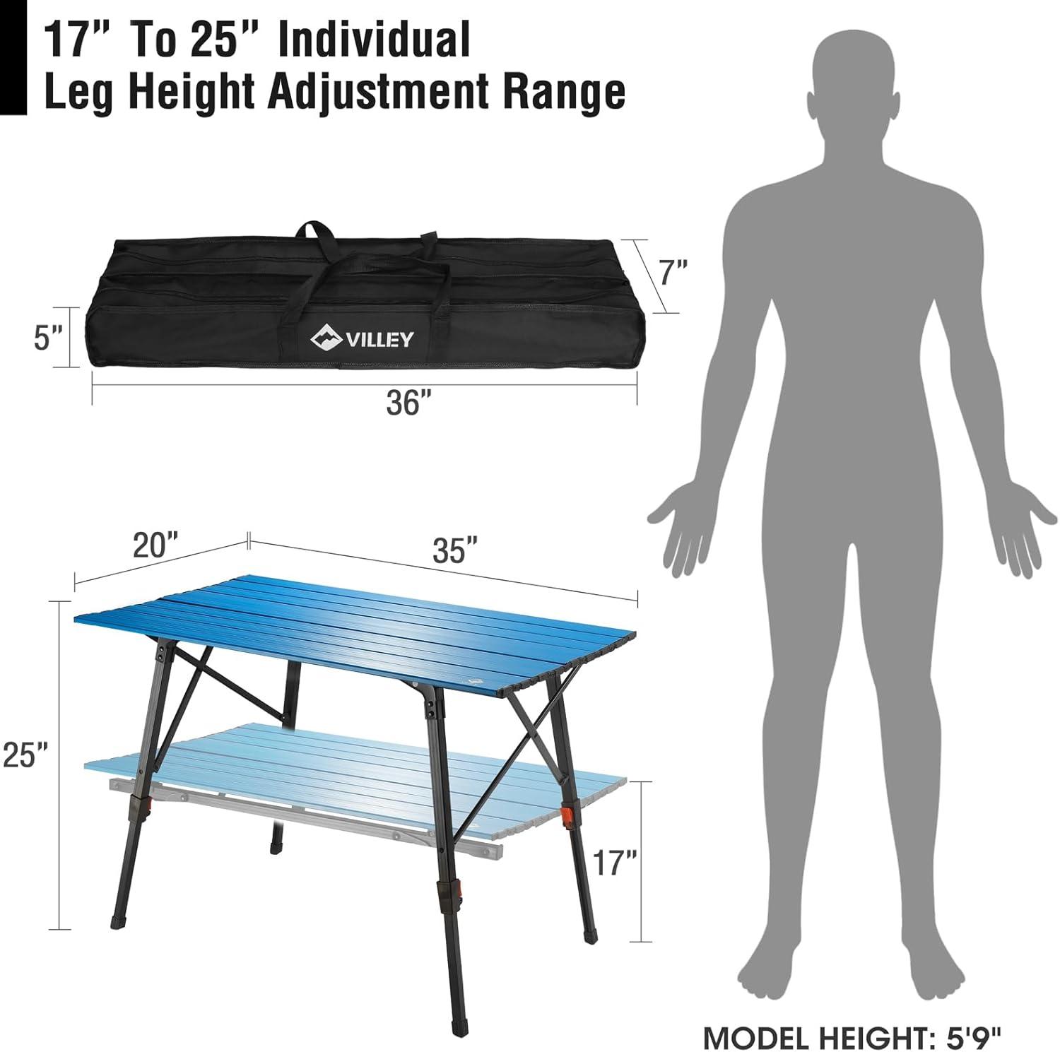 image:imageVILLEY Portable Camping Table with Adjustable Legs Lightweight Aluminum Folding Beach Table with Carrying Bag for Outdoor Cooking Picnic Beach Backyards BBQ and Party GoldBlue