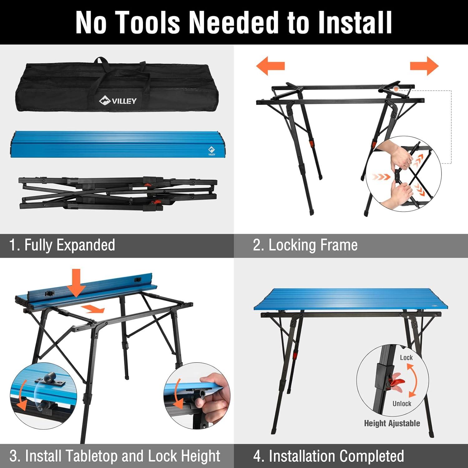image:imageVILLEY Portable Camping Table with Adjustable Legs Lightweight Aluminum Folding Beach Table with Carrying Bag for Outdoor Cooking Picnic Beach Backyards BBQ and Party GoldBlue