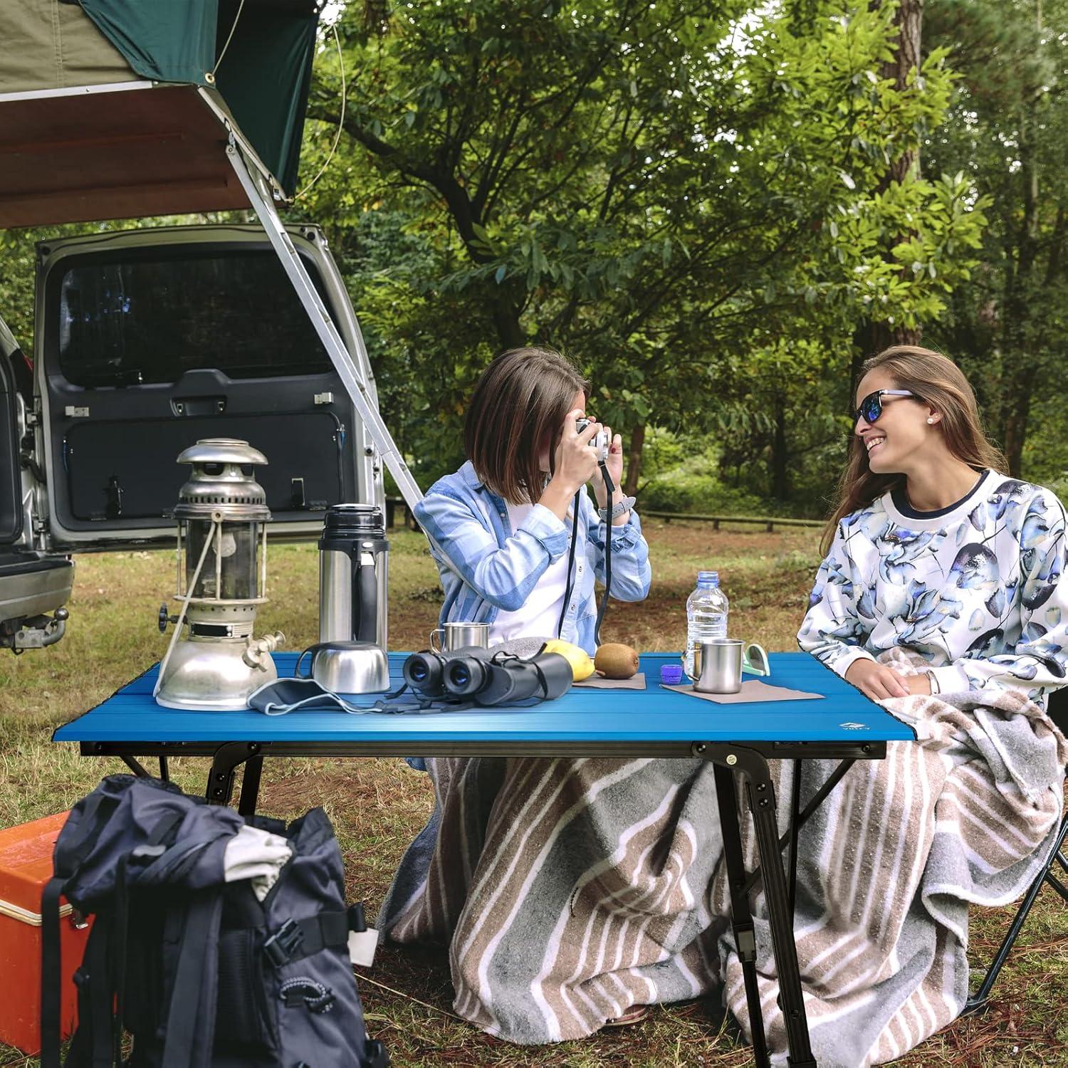 image:imageVILLEY Portable Camping Table with Adjustable Legs Lightweight Aluminum Folding Beach Table with Carrying Bag for Outdoor Cooking Picnic Beach Backyards BBQ and Party GoldBlue