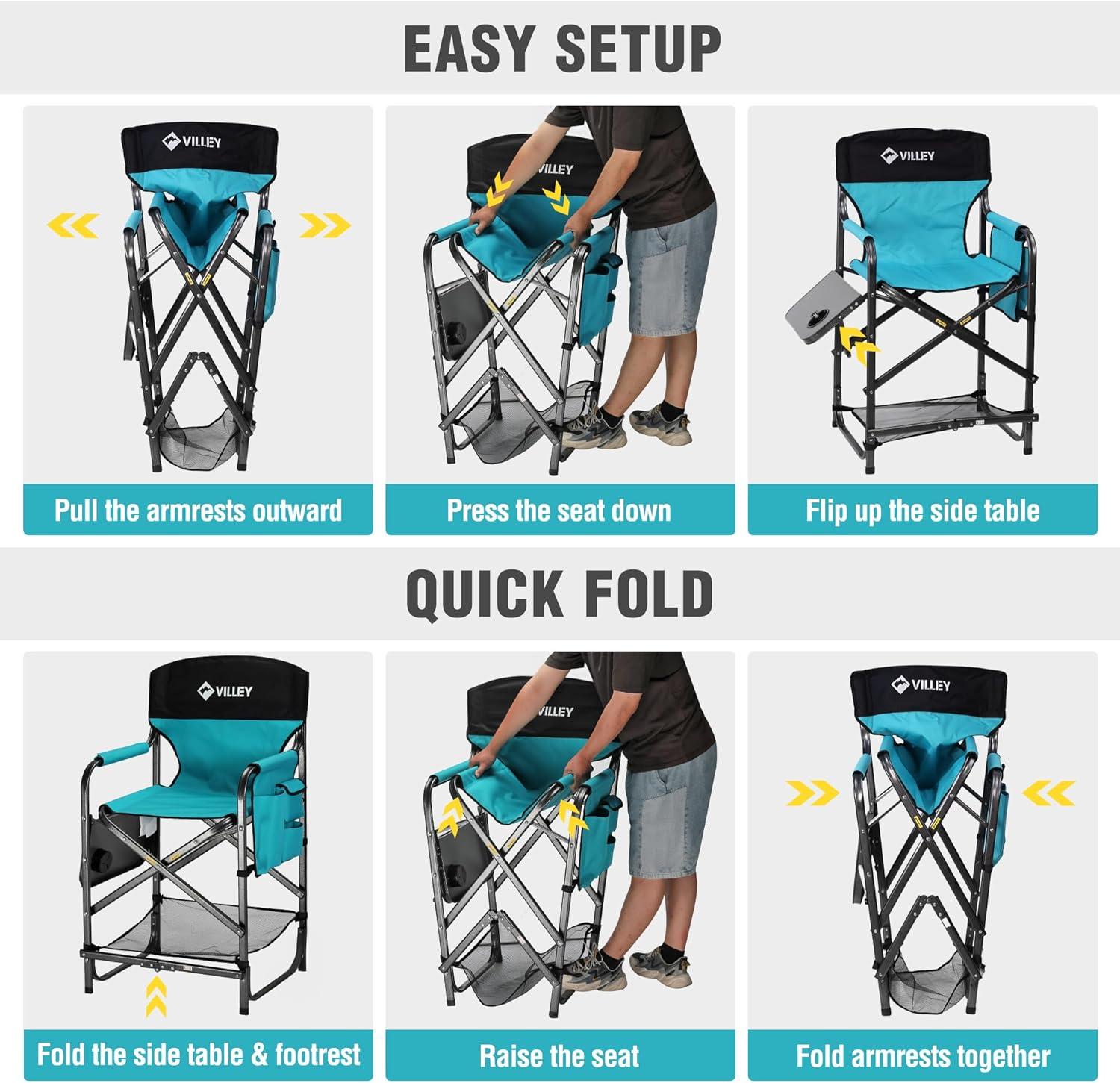 image:imageVILLEY Tall Directors Chair Folding Camping Chairs Makeup Artist Chair with Foot Rest 900D Fabric for Tailgating Camp Lawn Picnic Fishing Beach Supports 350 LBS Blue