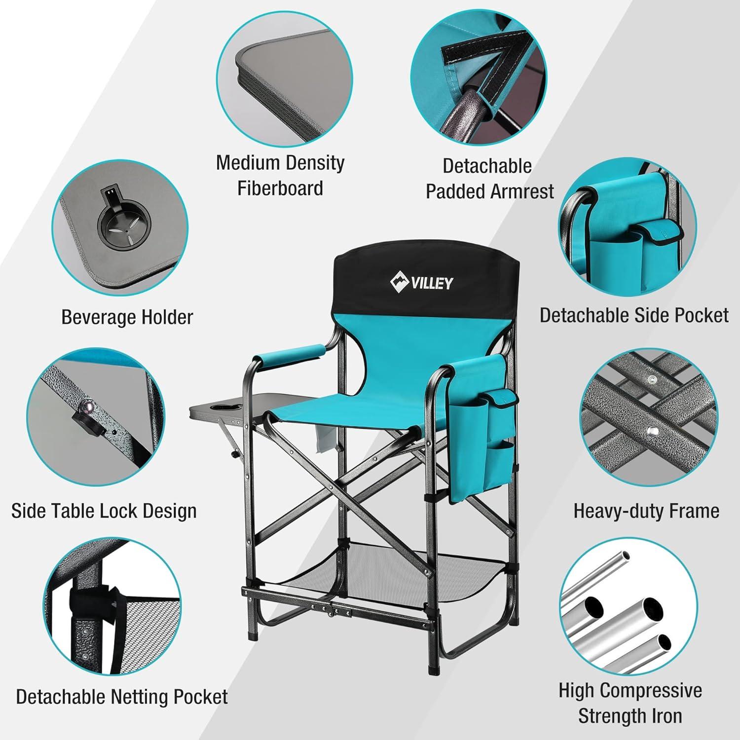 image:imageVILLEY Tall Directors Chair Folding Camping Chairs Makeup Artist Chair with Foot Rest 900D Fabric for Tailgating Camp Lawn Picnic Fishing Beach Supports 350 LBS Blue