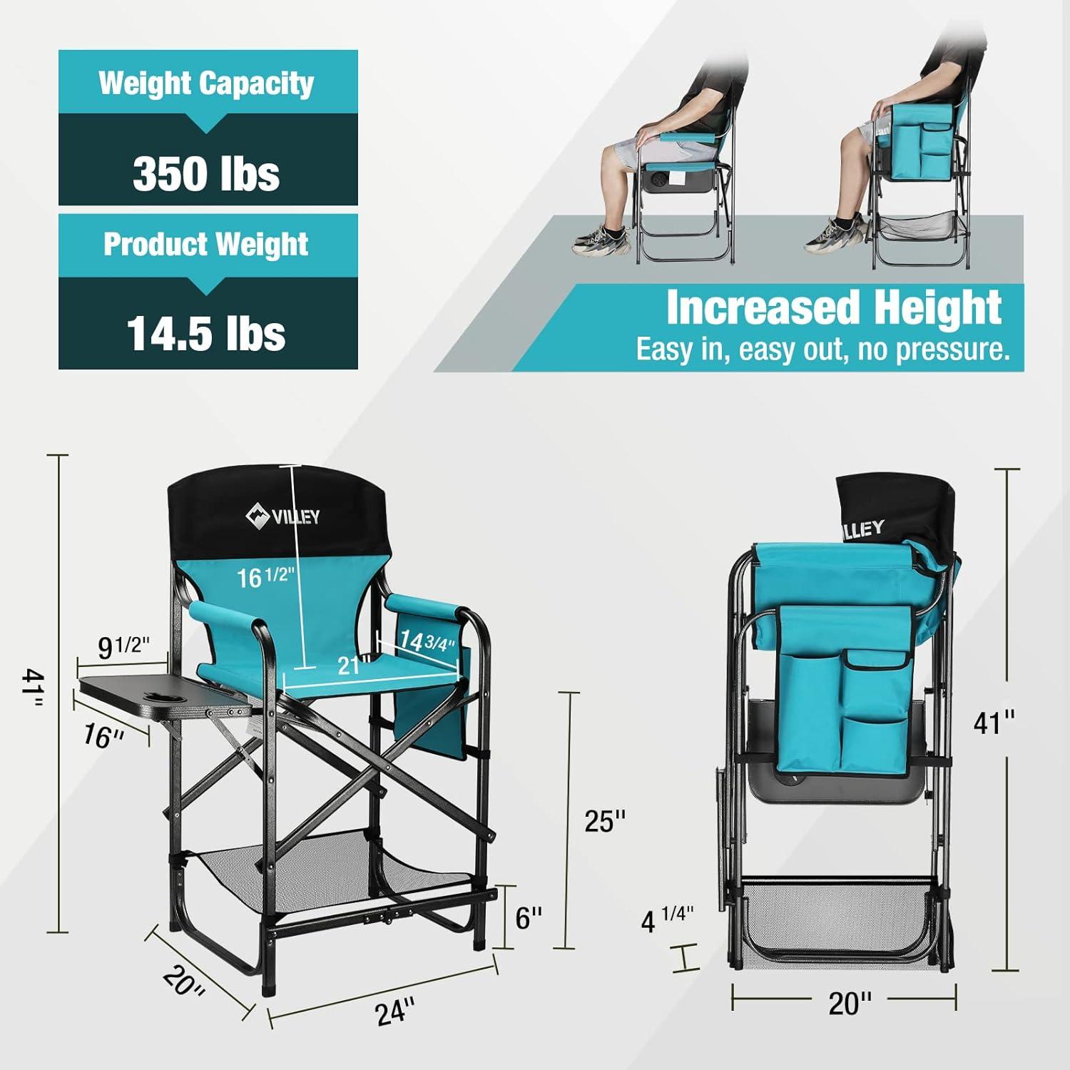 image:imageVILLEY Tall Directors Chair Folding Camping Chairs Makeup Artist Chair with Foot Rest 900D Fabric for Tailgating Camp Lawn Picnic Fishing Beach Supports 350 LBS Blue