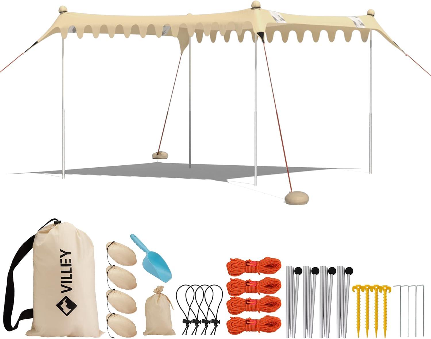 image:imageVilley Beach Tent Sun Shelter with UPF50 Protection 87FT Portable Sun Shade with 2 Stability Poles 8 Ground Pegs 4 Sandbags and Sand Shovel Outdoor Beach Canopy for Camping Trips PicnicsKhaki