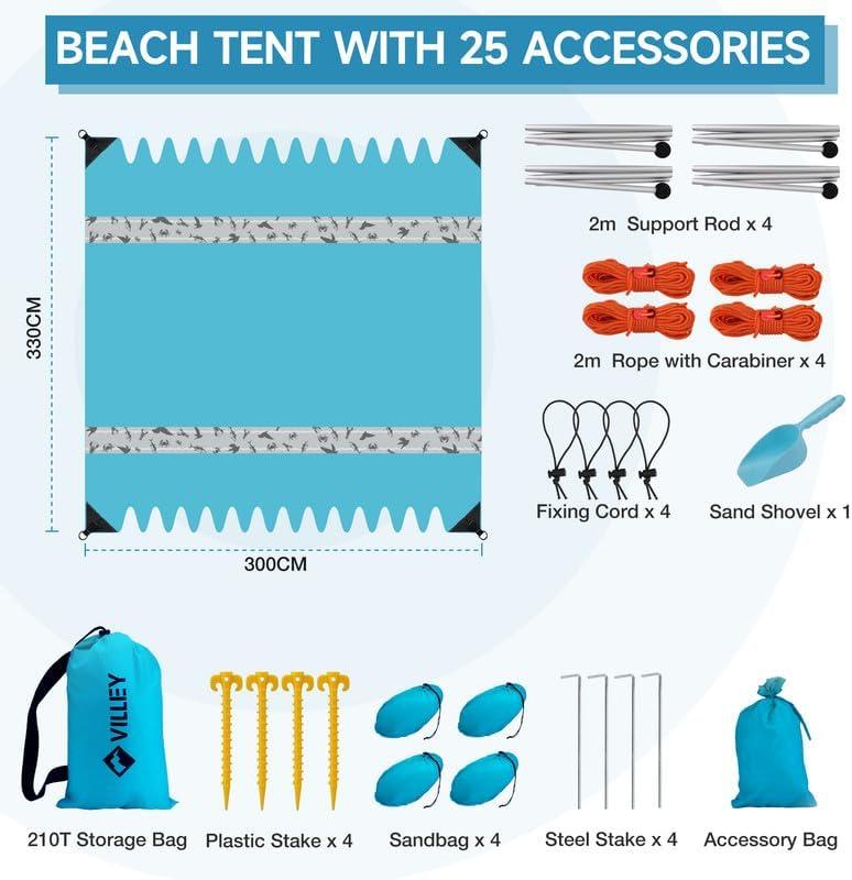 image:imageVilley Beach Tent Sun Shelter with UPF50 Protection 87FT Portable Sun Shade with 2 Stability Poles 8 Ground Pegs 4 Sandbags and Sand Shovel Outdoor Beach Canopy for Camping Trips PicnicsBlue