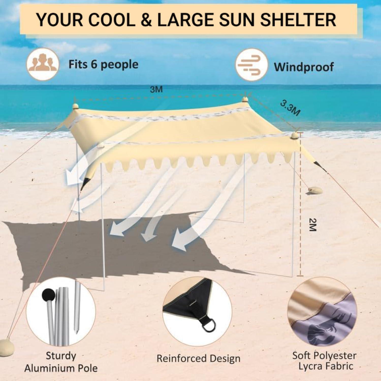image:imageVilley Beach Tent Sun Shelter with UPF50 Protection 87FT Portable Sun Shade with 2 Stability Poles 8 Ground Pegs 4 Sandbags and Sand Shovel Outdoor Beach Canopy for Camping Trips PicnicsKhaki