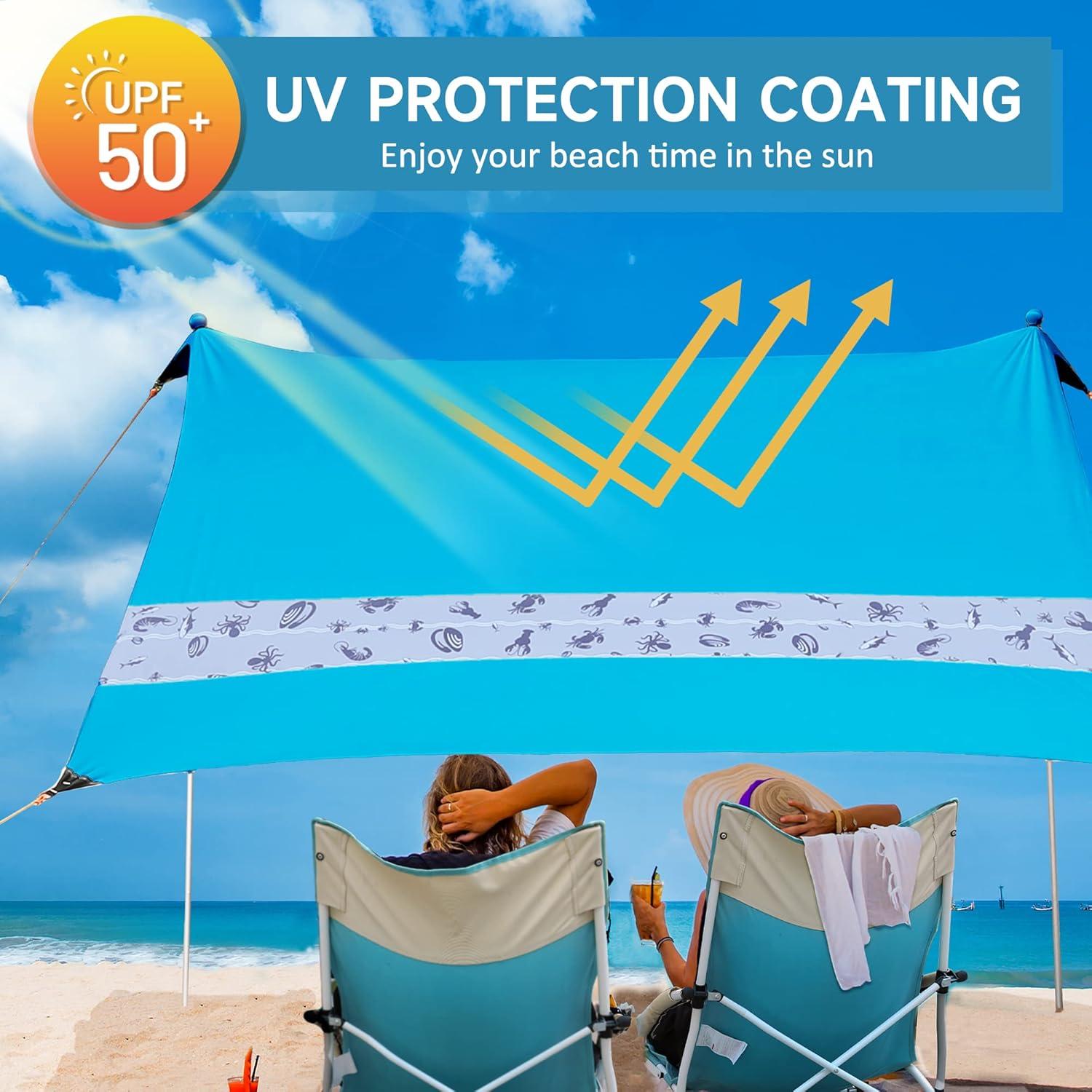 image:imageVilley Beach Tent Sun Shelter with UPF50 Protection 87FT Portable Sun Shade with 2 Stability Poles 8 Ground Pegs 4 Sandbags and Sand Shovel Outdoor Beach Canopy for Camping Trips PicnicsBlue