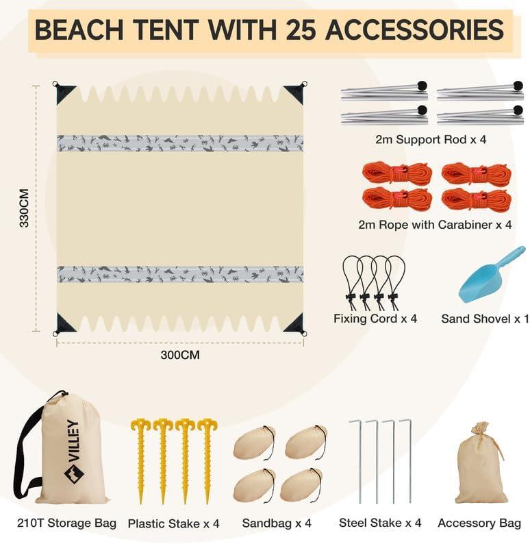 image:imageVilley Beach Tent Sun Shelter with UPF50 Protection 87FT Portable Sun Shade with 2 Stability Poles 8 Ground Pegs 4 Sandbags and Sand Shovel Outdoor Beach Canopy for Camping Trips PicnicsKhaki