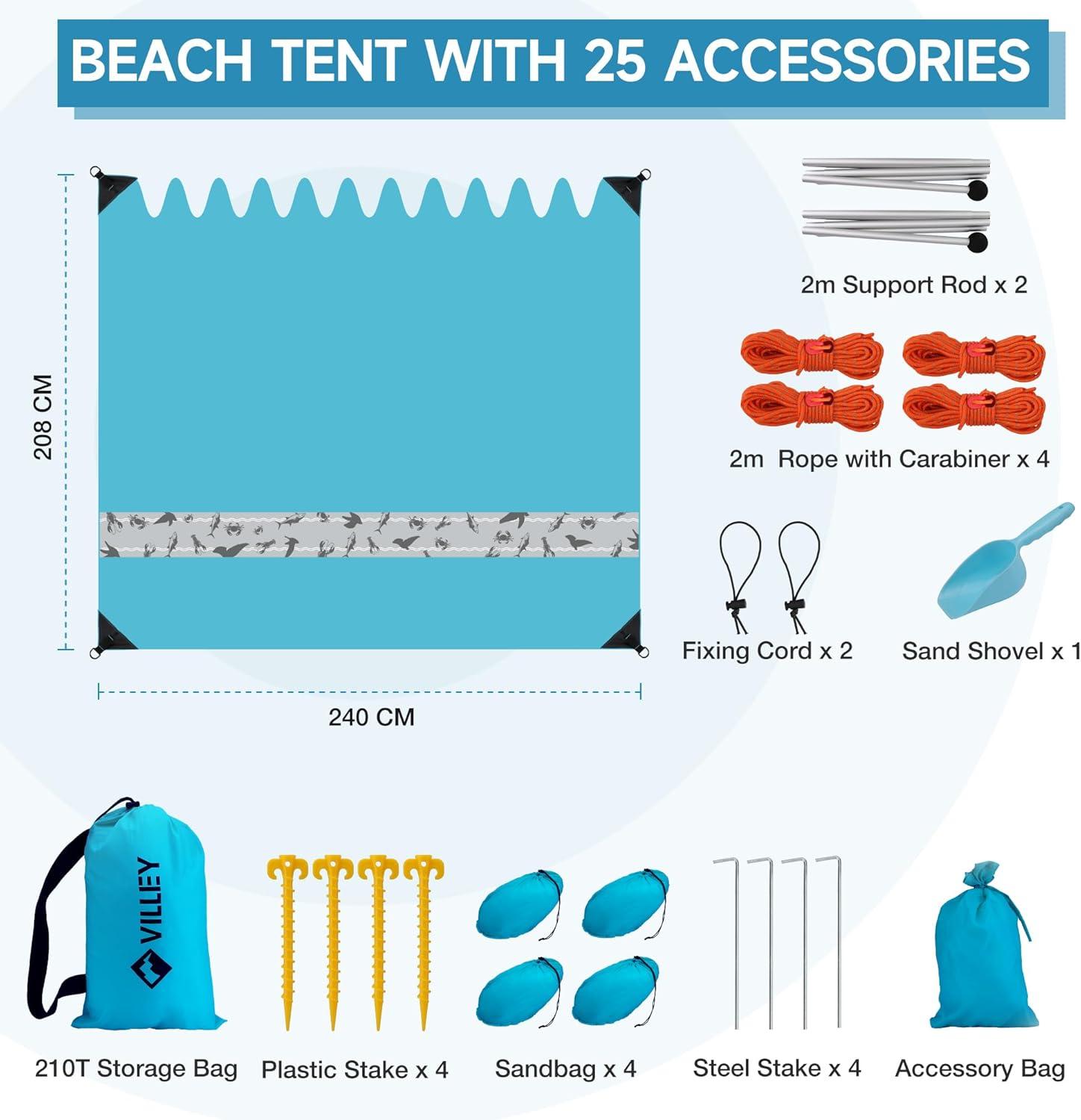 image:imageVilley Beach Tent Sun Shelter with UPF50 Protection 87FT Portable Sun Shade with 2 Stability Poles 8 Ground Pegs 4 Sandbags and Sand Shovel Outdoor Beach Canopy for Camping Trips PicnicsBlue