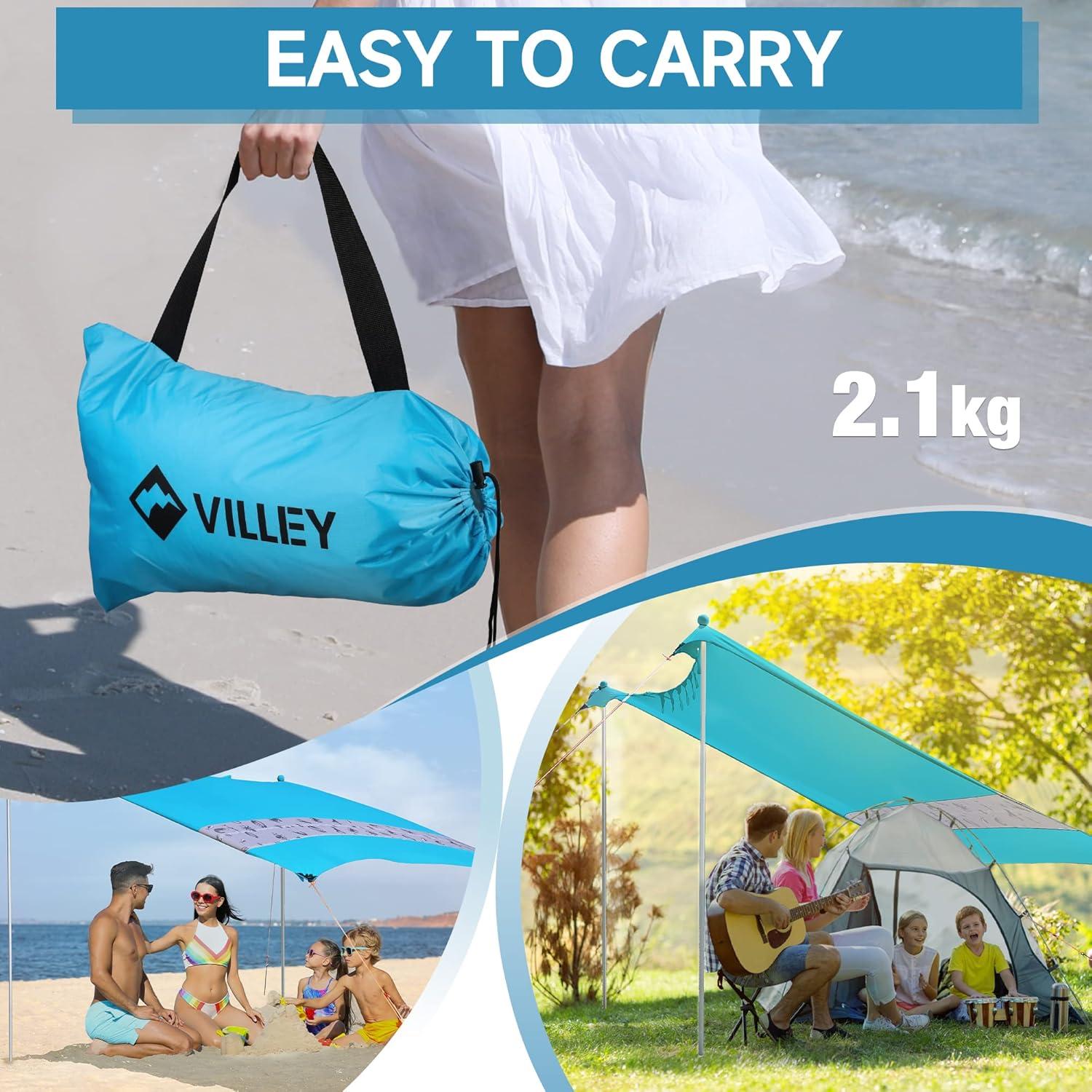 image:imageVilley Beach Tent Sun Shelter with UPF50 Protection 87FT Portable Sun Shade with 2 Stability Poles 8 Ground Pegs 4 Sandbags and Sand Shovel Outdoor Beach Canopy for Camping Trips PicnicsBlue