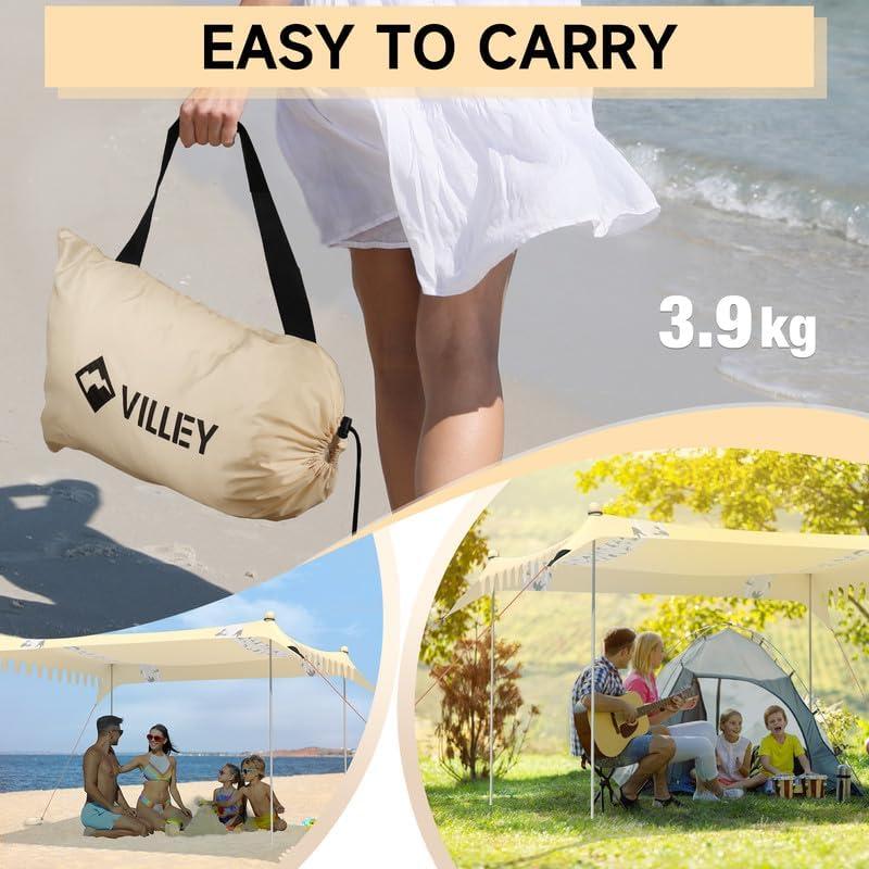 image:imageVilley Beach Tent Sun Shelter with UPF50 Protection 87FT Portable Sun Shade with 2 Stability Poles 8 Ground Pegs 4 Sandbags and Sand Shovel Outdoor Beach Canopy for Camping Trips PicnicsKhaki