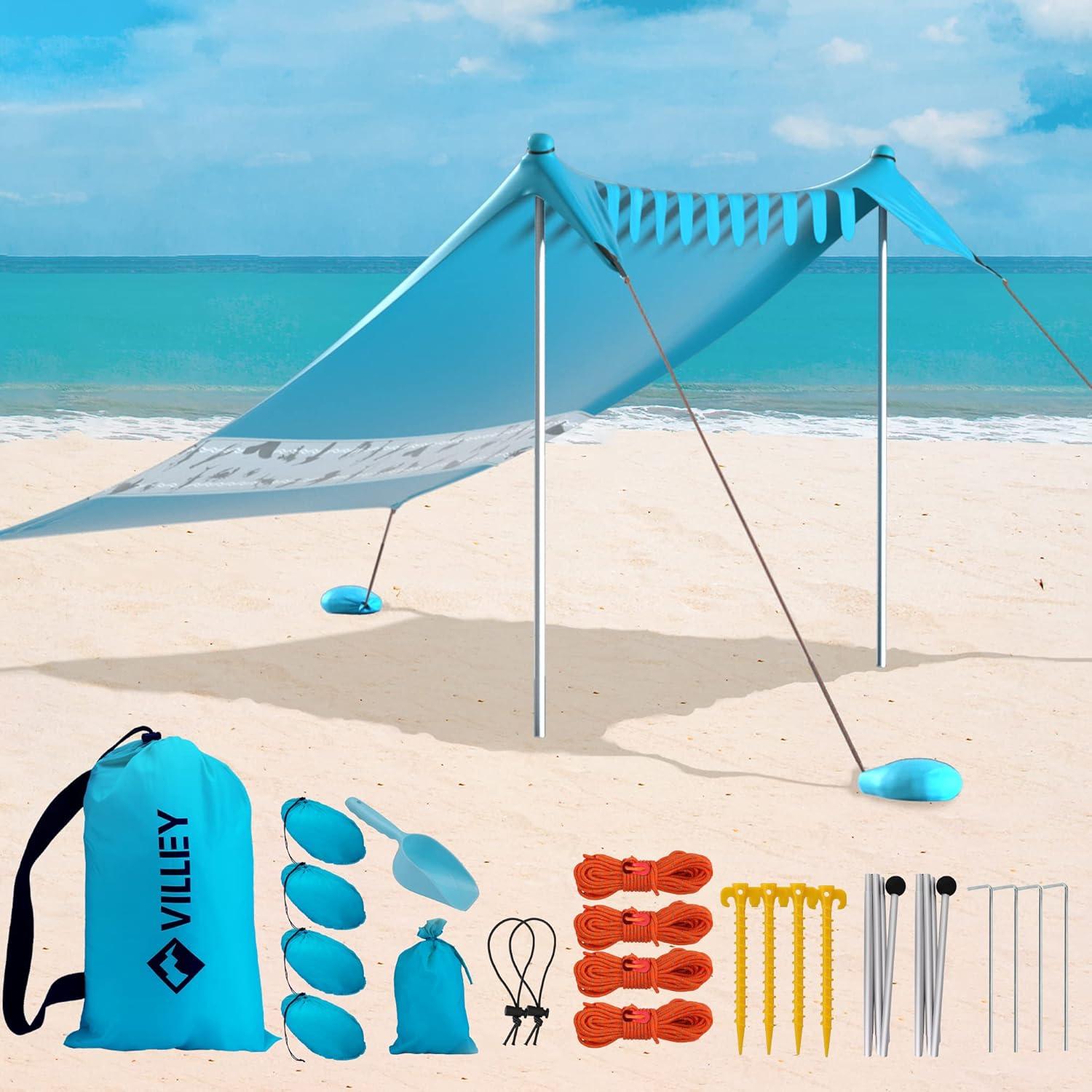 image:imageVilley Beach Tent Sun Shelter with UPF50 Protection 87FT Portable Sun Shade with 2 Stability Poles 8 Ground Pegs 4 Sandbags and Sand Shovel Outdoor Beach Canopy for Camping Trips PicnicsBlue