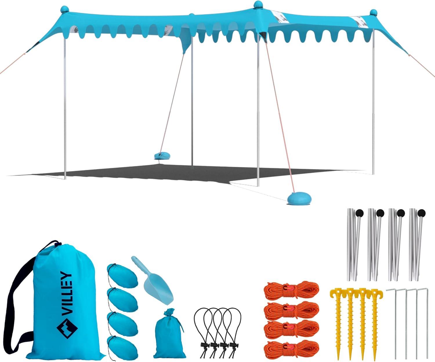 image:imageVilley Beach Tent Sun Shelter with UPF50 Protection 87FT Portable Sun Shade with 2 Stability Poles 8 Ground Pegs 4 Sandbags and Sand Shovel Outdoor Beach Canopy for Camping Trips PicnicsBlue