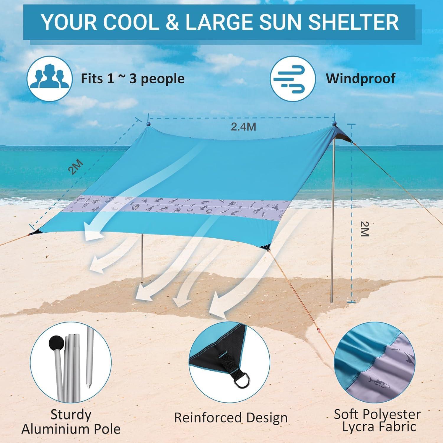 image:imageVilley Beach Tent Sun Shelter with UPF50 Protection 87FT Portable Sun Shade with 2 Stability Poles 8 Ground Pegs 4 Sandbags and Sand Shovel Outdoor Beach Canopy for Camping Trips PicnicsBlue
