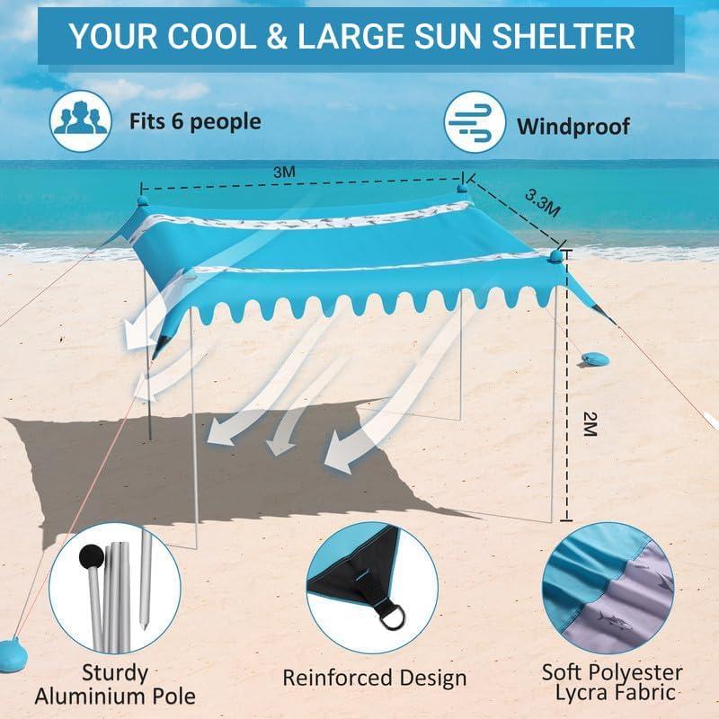 image:imageVilley Beach Tent Sun Shelter with UPF50 Protection 87FT Portable Sun Shade with 2 Stability Poles 8 Ground Pegs 4 Sandbags and Sand Shovel Outdoor Beach Canopy for Camping Trips PicnicsBlue