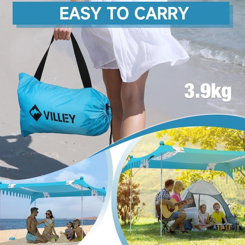 image:imageVilley Beach Tent Sun Shelter with UPF50 Protection 87FT Portable Sun Shade with 2 Stability Poles 8 Ground Pegs 4 Sandbags and Sand Shovel Outdoor Beach Canopy for Camping Trips PicnicsBlue