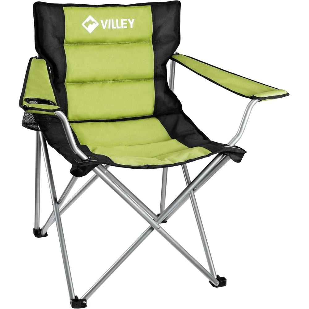 image:imageVILLEY Camping Chairs Padded Folding Chair Outdoor Portable High Camp Chair Foldable Outside Arm Chair with Cup Holder amp Carry Bag Green
